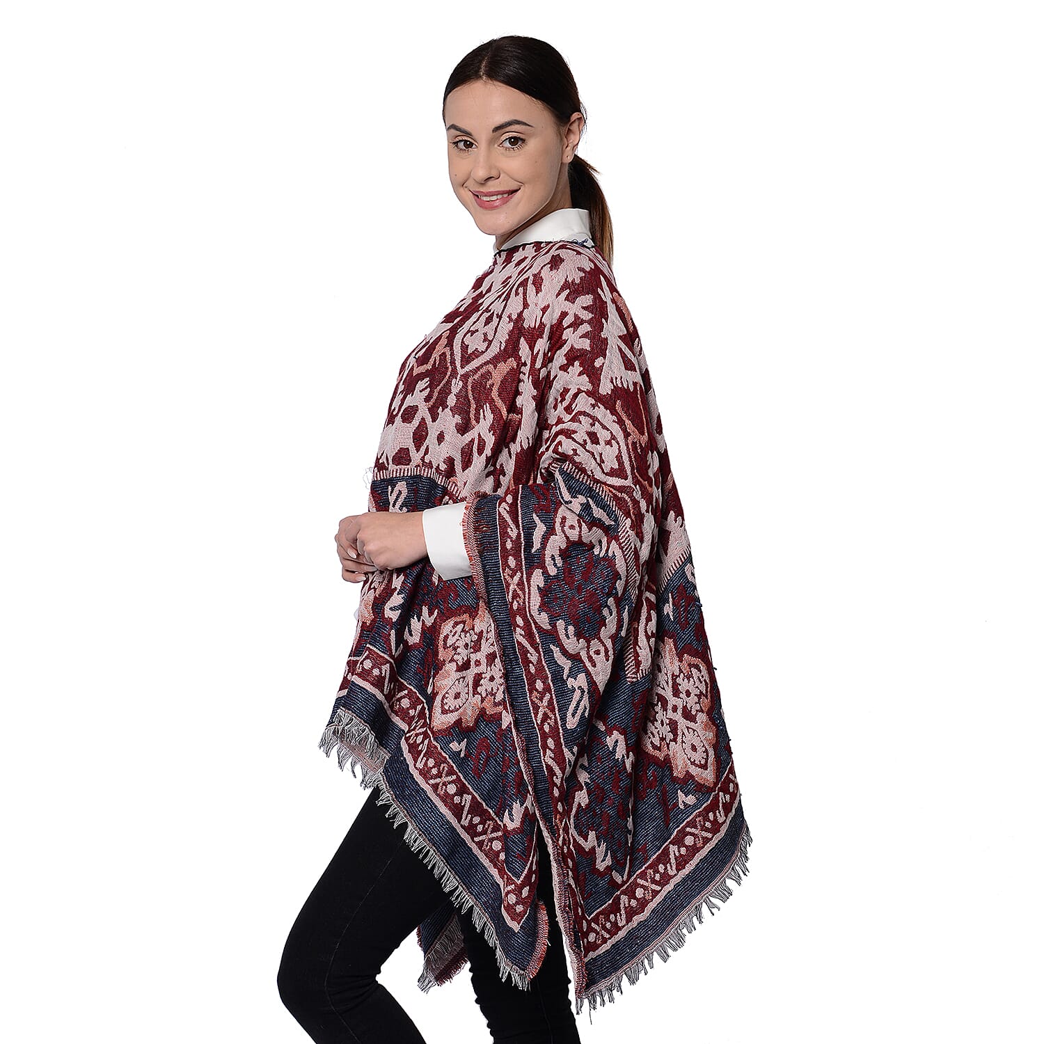 Bohemian Style  Poncho with Jacquard Pattern in Burgundy (140x65cm)