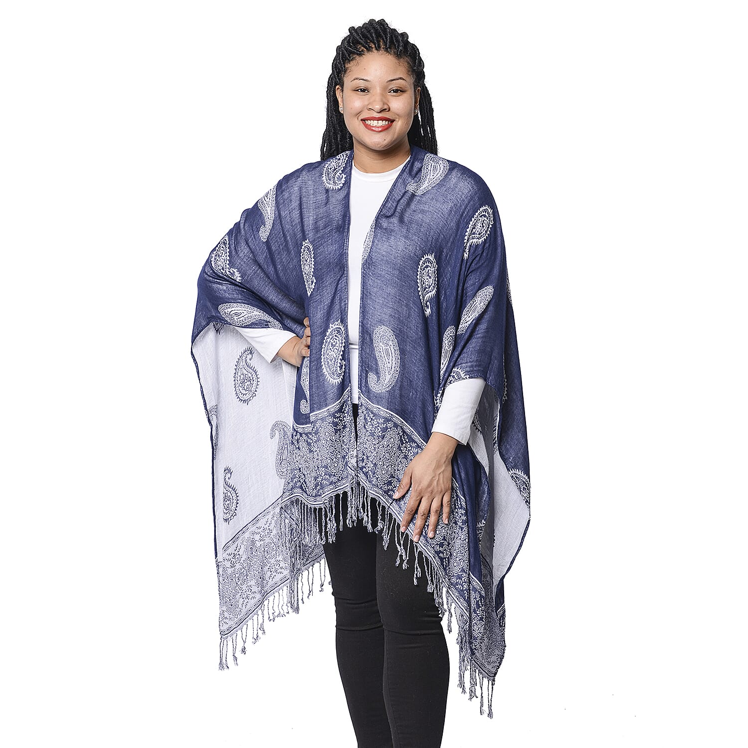 Close Out Deal Paisley Pattern Knit Poncho with Tassel Hem and White Base on One Side & Blue on Other Side (120x75+10cm)