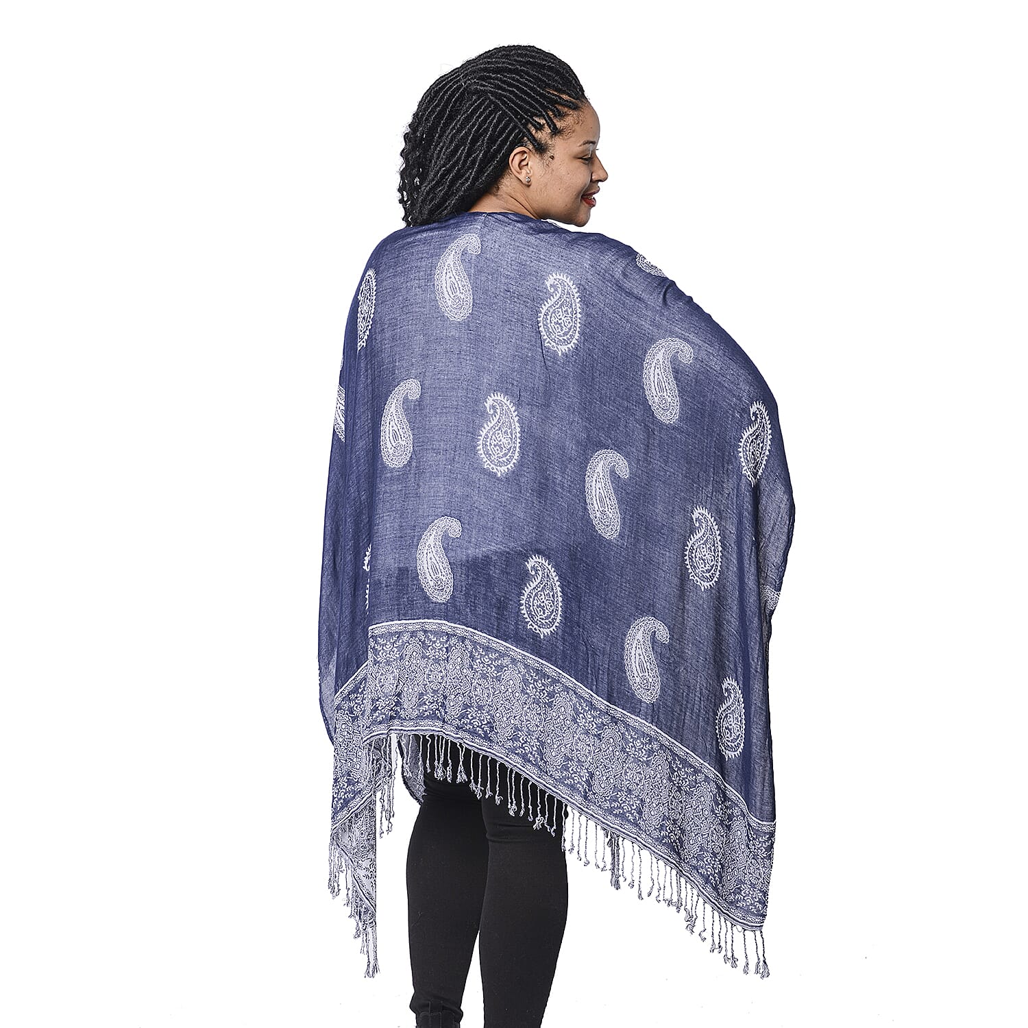 Close Out Deal Paisley Pattern Knit Poncho with Tassel Hem and White Base on One Side & Blue on Other Side (120x75+10cm)