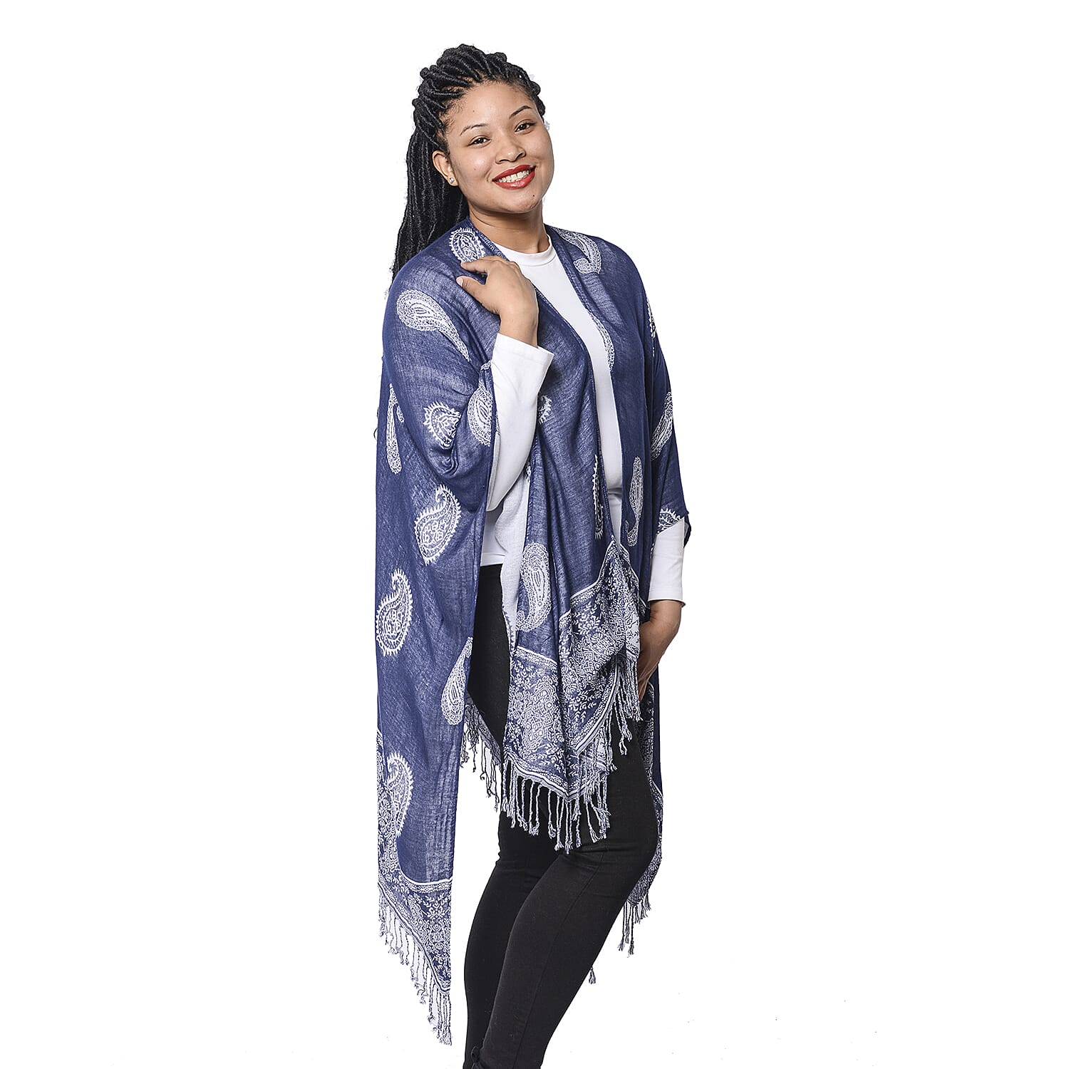 Close Out Deal Paisley Pattern Knit Poncho with Tassel Hem and White Base on One Side & Blue on Other Side (120x75+10cm)