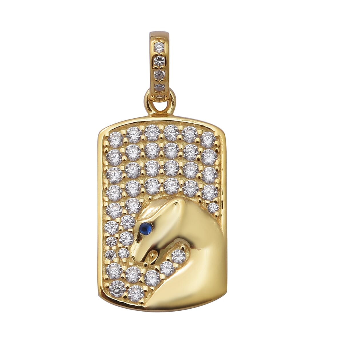 ELANZA Simulated Diamond and Simulated Blue Sapphire Dog-Tag Style Panther Pendant in Yellow Gold Overlay Sterling Silver