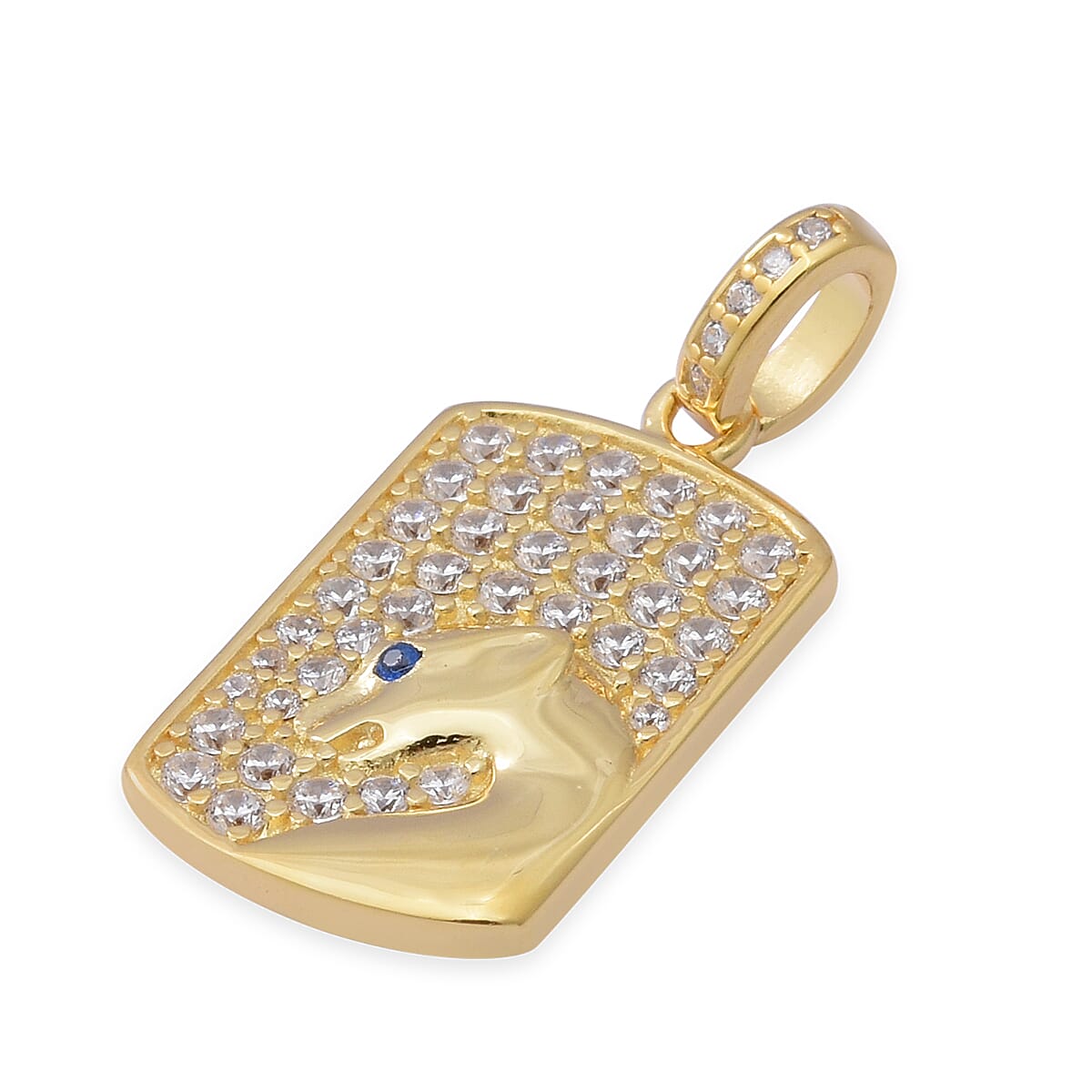 ELANZA Simulated Diamond and Simulated Blue Sapphire Dog-Tag Style Panther Pendant in Yellow Gold Overlay Sterling Silver