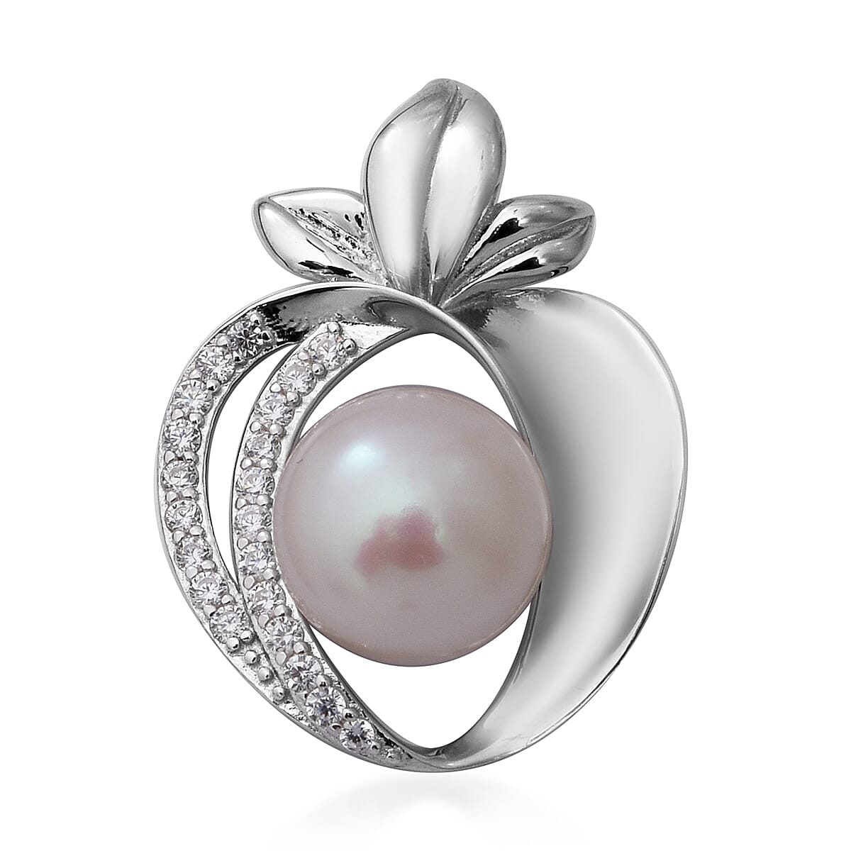 Freshwater Pearl and Simulated Diamond Apple Pendant in Rhodium Overlay Sterling Silver