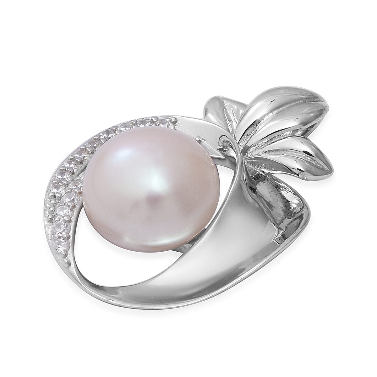 Freshwater Pearl and Simulated Diamond Apple Pendant in Rhodium Overlay Sterling Silver