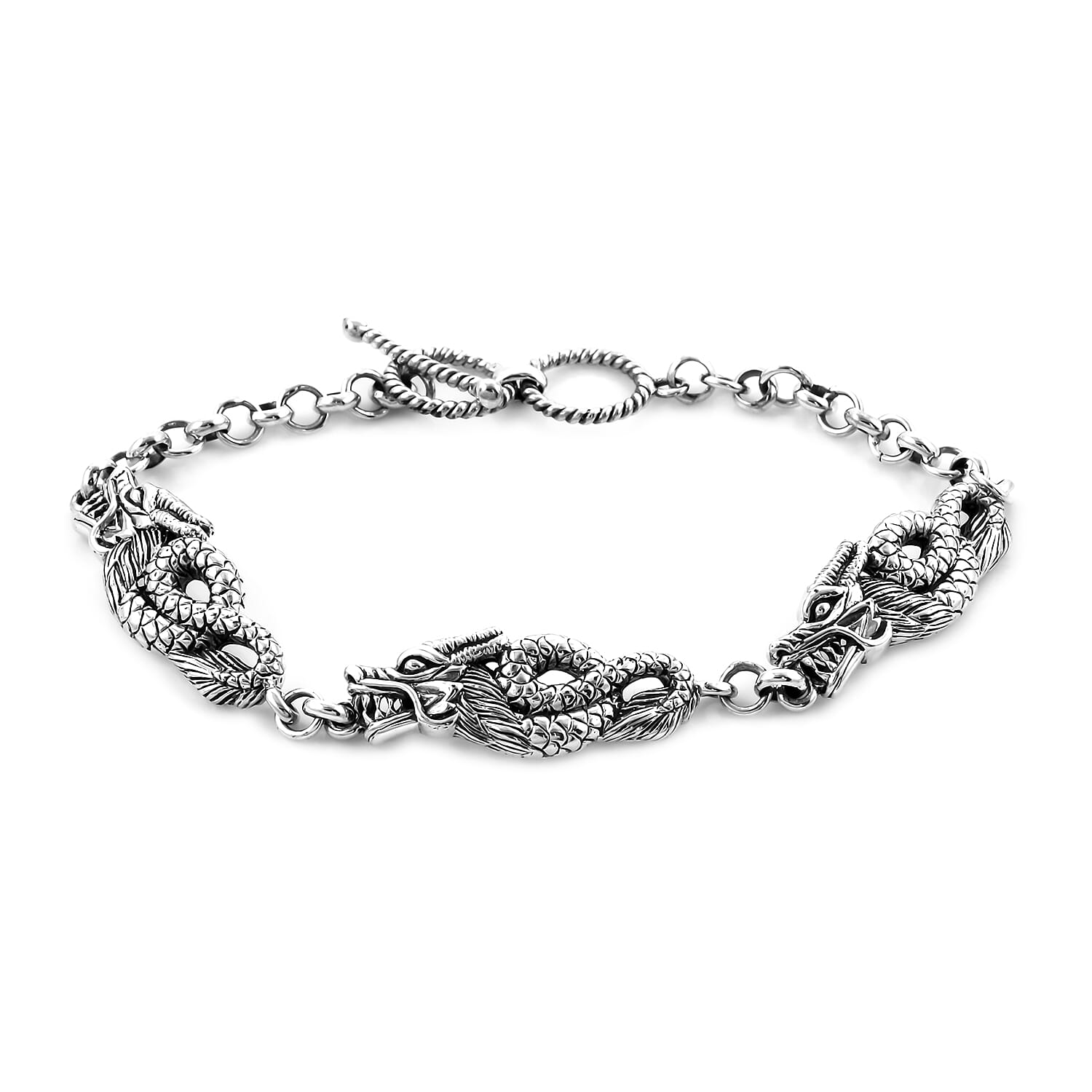 Royal Bali Collection - Sterling Silver Dragon Bracelet (Size 8), Silver wt. 14.60 Gms