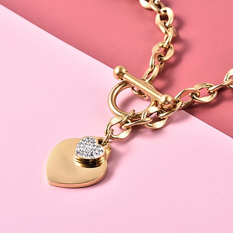 White Austrian Crystal Heart Charm Stainless Steel Necklace (Size 18.5 with T-Bar Lock) in Yellow Gold Tone