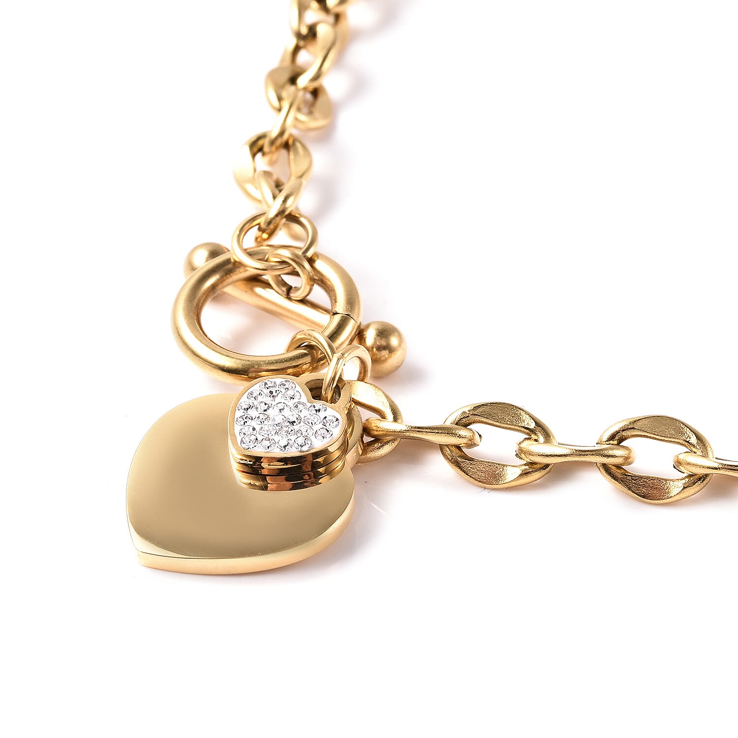White Austrian Crystal Heart Charm Stainless Steel Necklace (Size 18.5 with T-Bar Lock) in Yellow Gold Tone