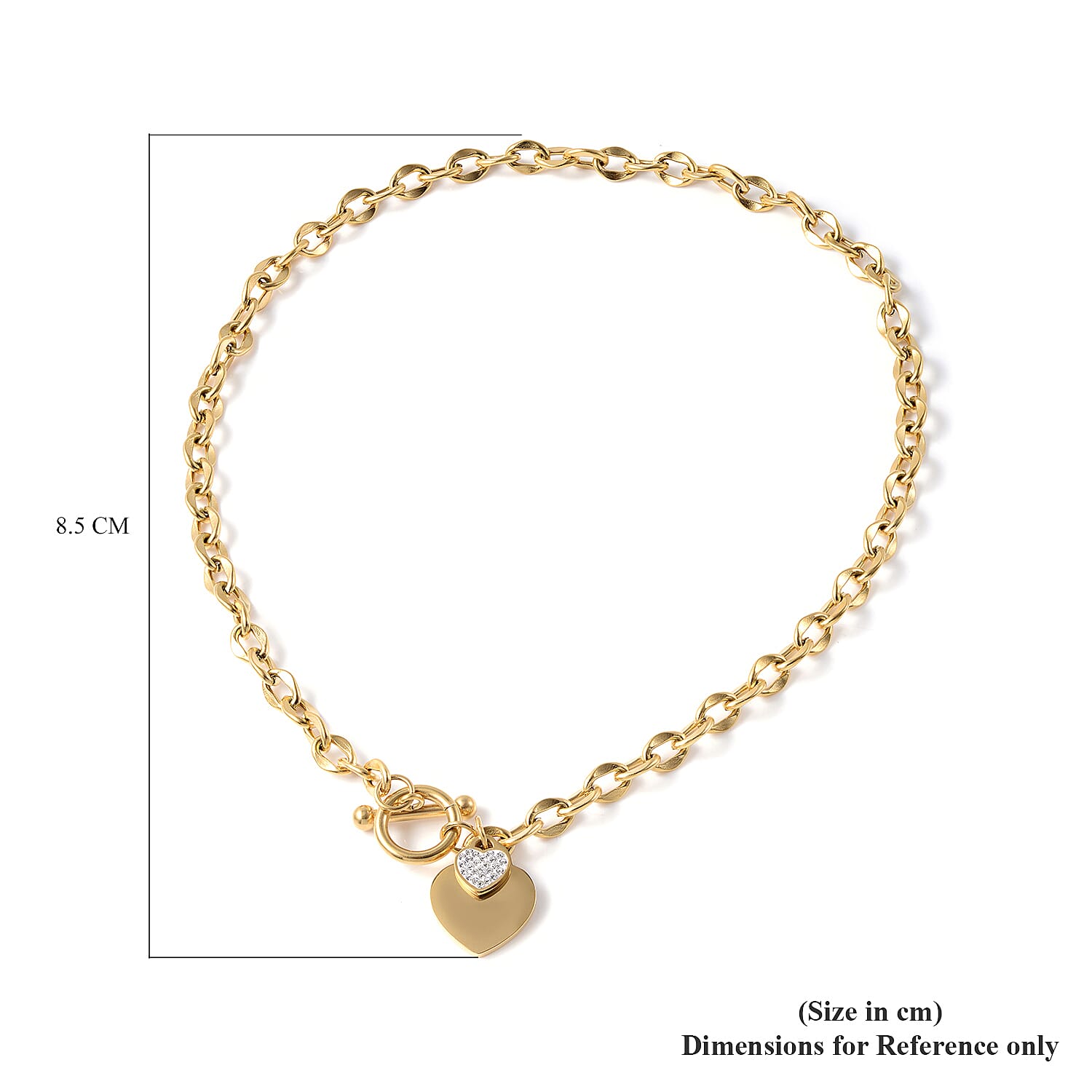 White Austrian Crystal Heart Charm Stainless Steel Necklace (Size 18.5 with T-Bar Lock) in Yellow Gold Tone