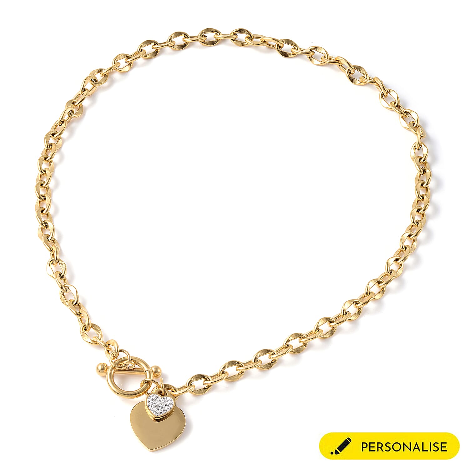 White Austrian Crystal Heart Charm Stainless Steel Necklace (Size 18.5 with T-Bar Lock) in Yellow Gold Tone
