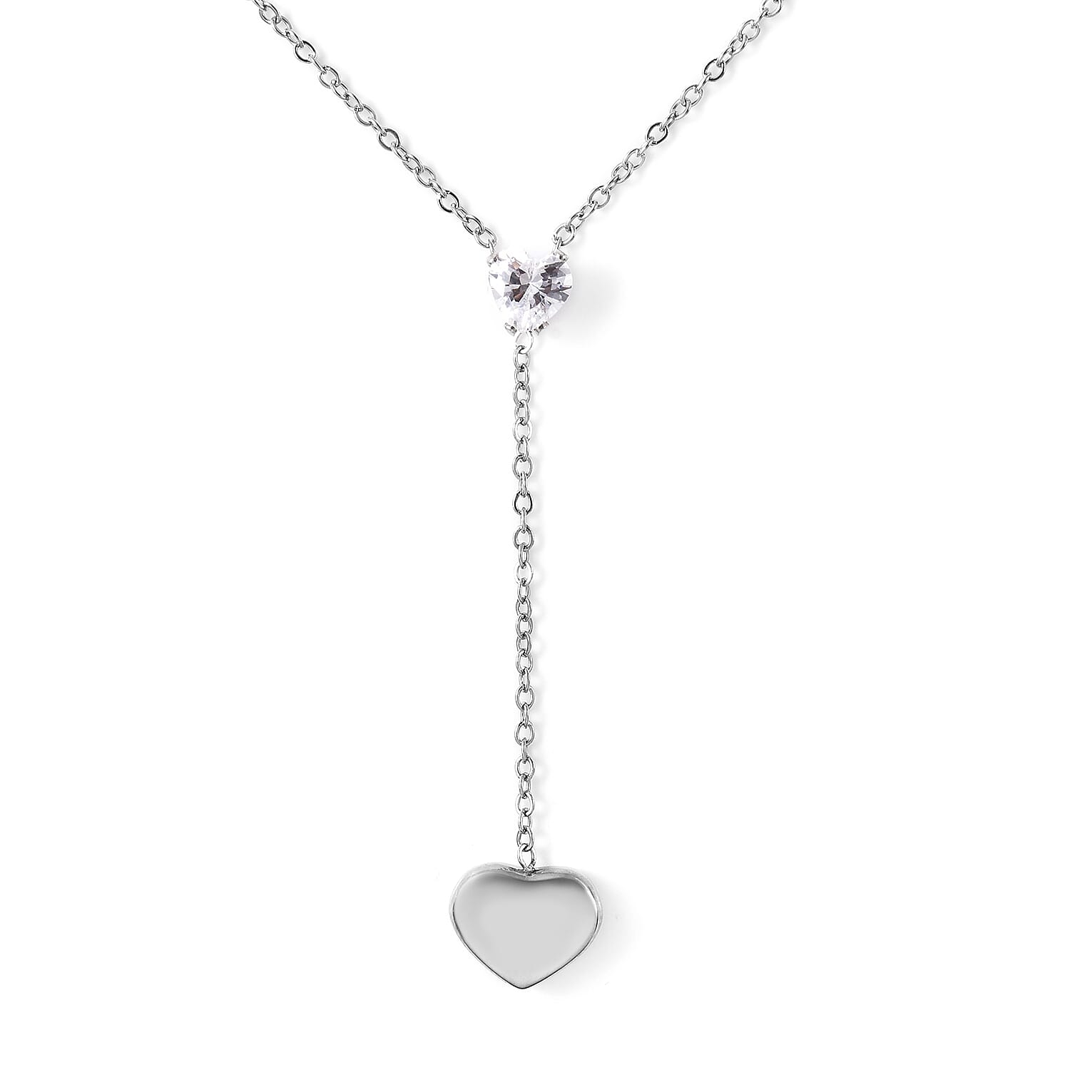 Simulated Diamond Lariat Heart Necklace (Size 17 with 2 inch Extender) in Stainless Steel