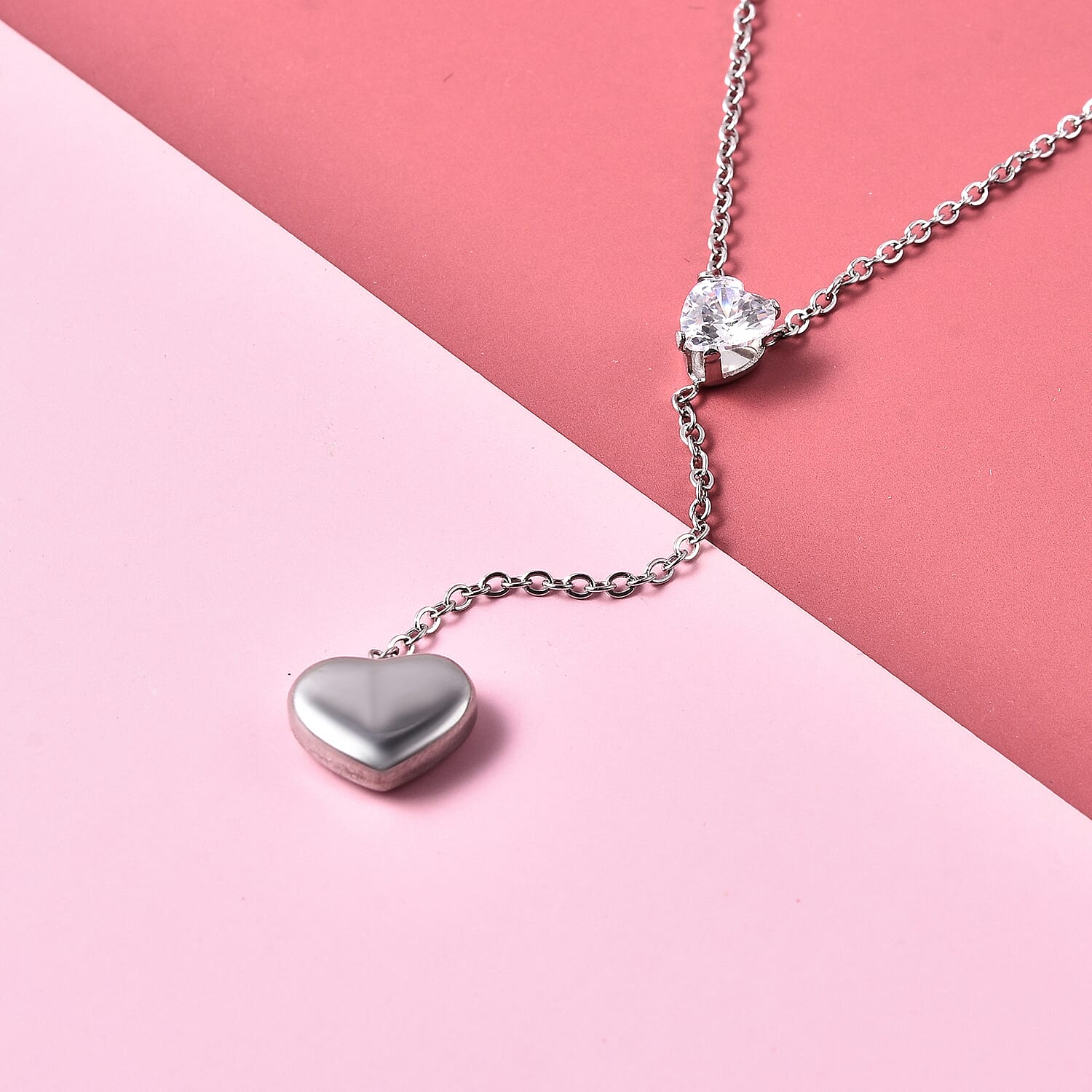 Simulated Diamond Lariat Heart Necklace (Size 17 with 2 inch Extender) in Stainless Steel