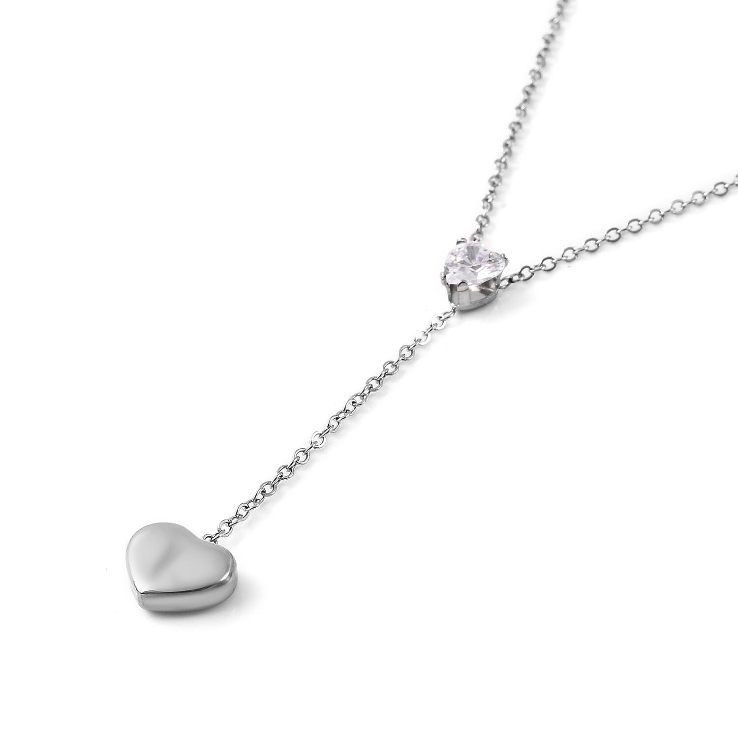 Simulated Diamond Lariat Heart Necklace (Size 17 with 2 inch Extender) in Stainless Steel