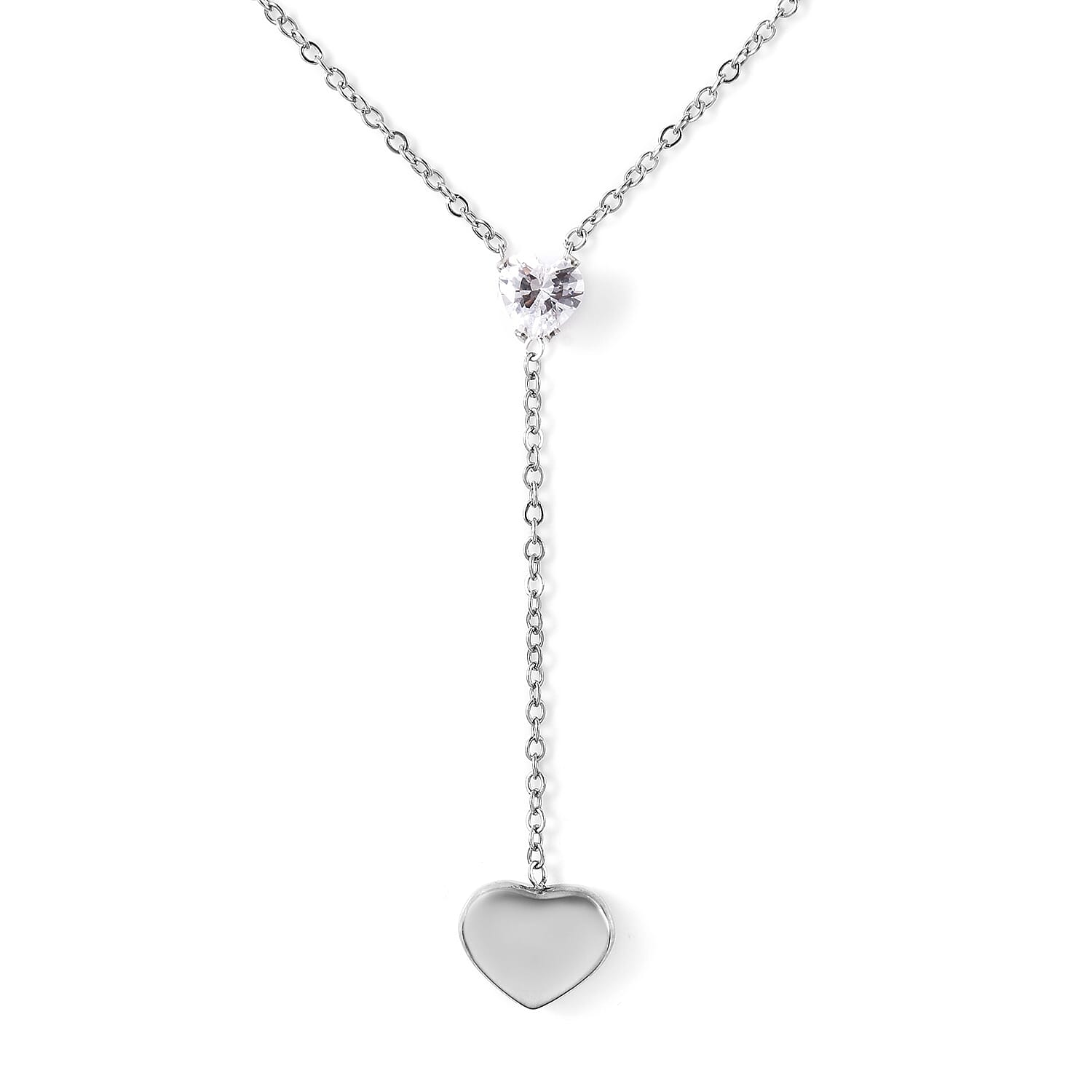 Simulated Diamond Lariat Heart Necklace (Size 17 with 2 inch Extender) in Stainless Steel