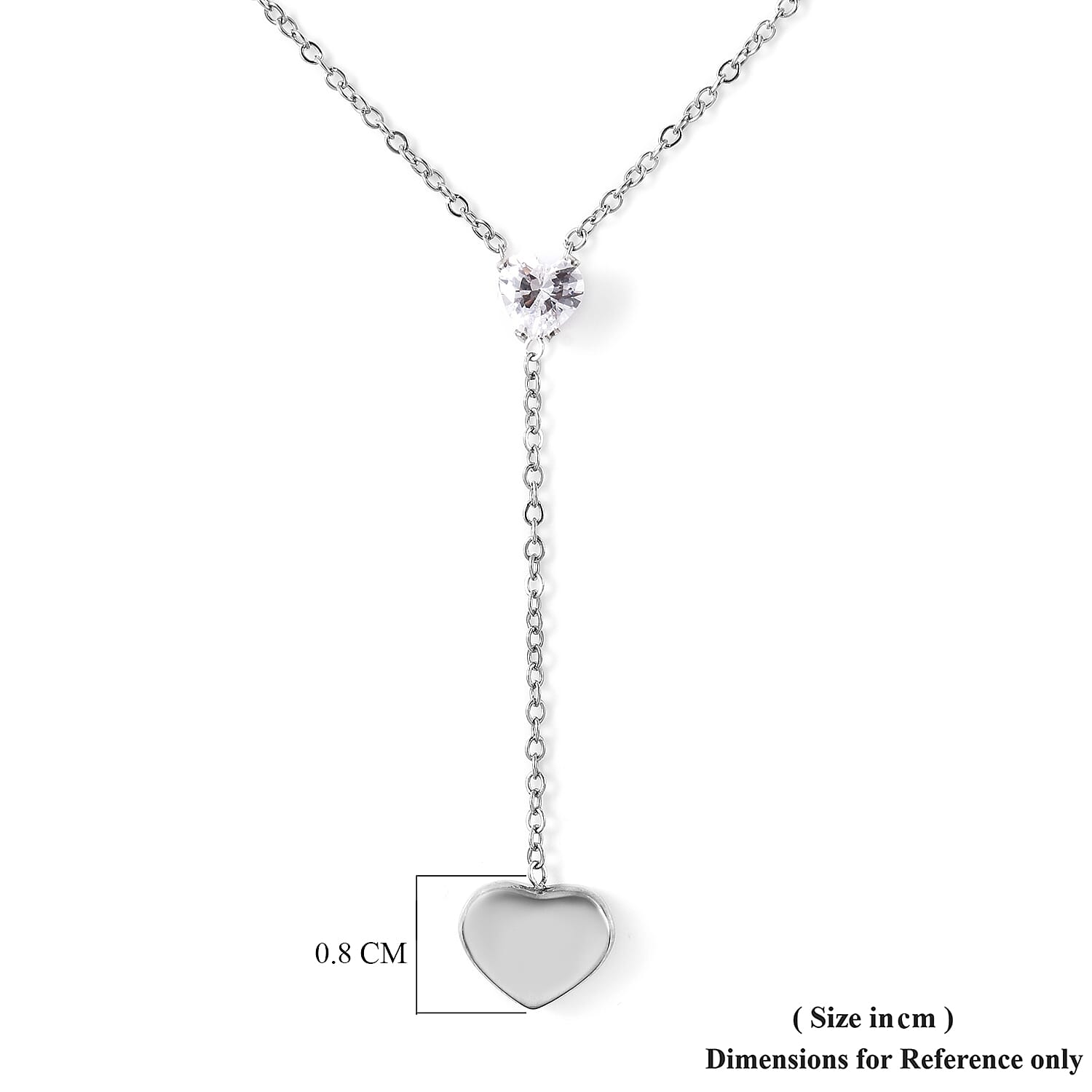 Simulated Diamond Lariat Heart Necklace (Size 17 with 2 inch Extender) in Stainless Steel