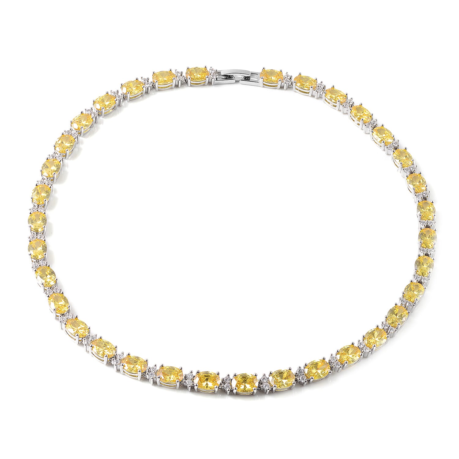 Simulated Yellow Sapphire and Simulated Diamond Tennis Necklace (Size 16) in Silver Tone