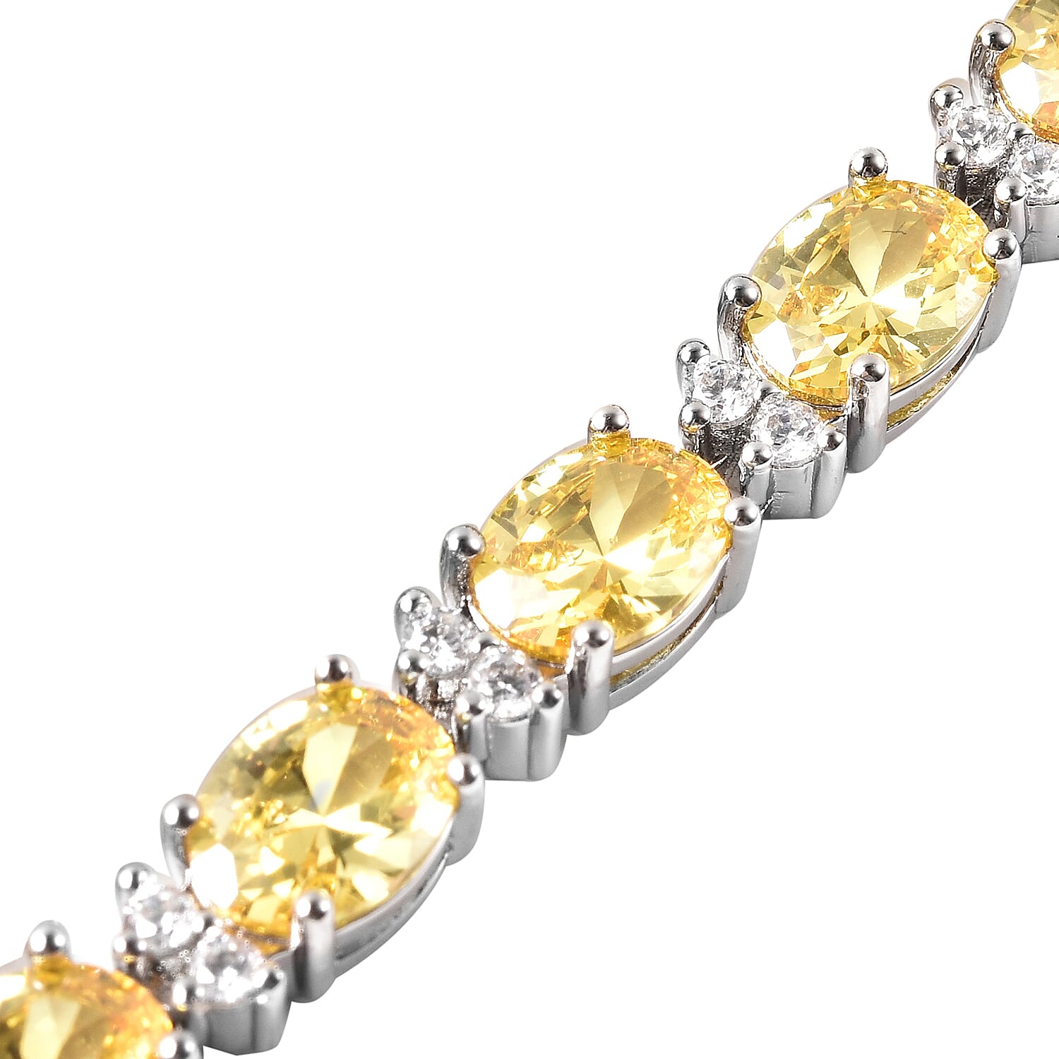 Simulated Yellow Sapphire and Simulated Diamond Tennis Necklace (Size 16) in Silver Tone