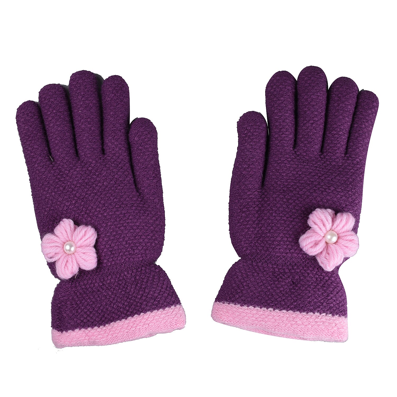 Elizabeth Ladies Warm Purple Gloves with Pink Flower Detail and Trim (One Size)