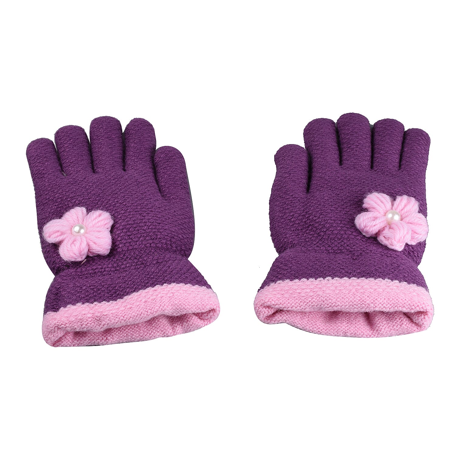 Elizabeth Ladies Warm Purple Gloves with Pink Flower Detail and Trim (One Size)