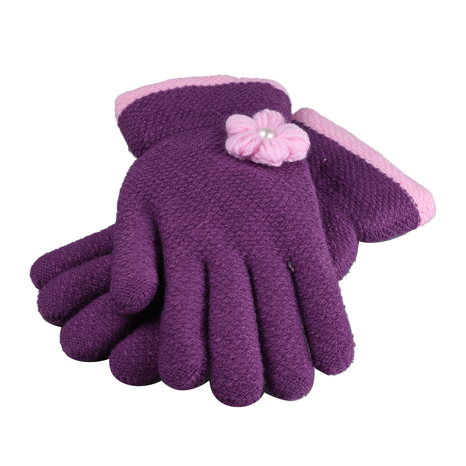 Elizabeth Ladies Warm Purple Gloves with Pink Flower Detail and Trim (One Size)