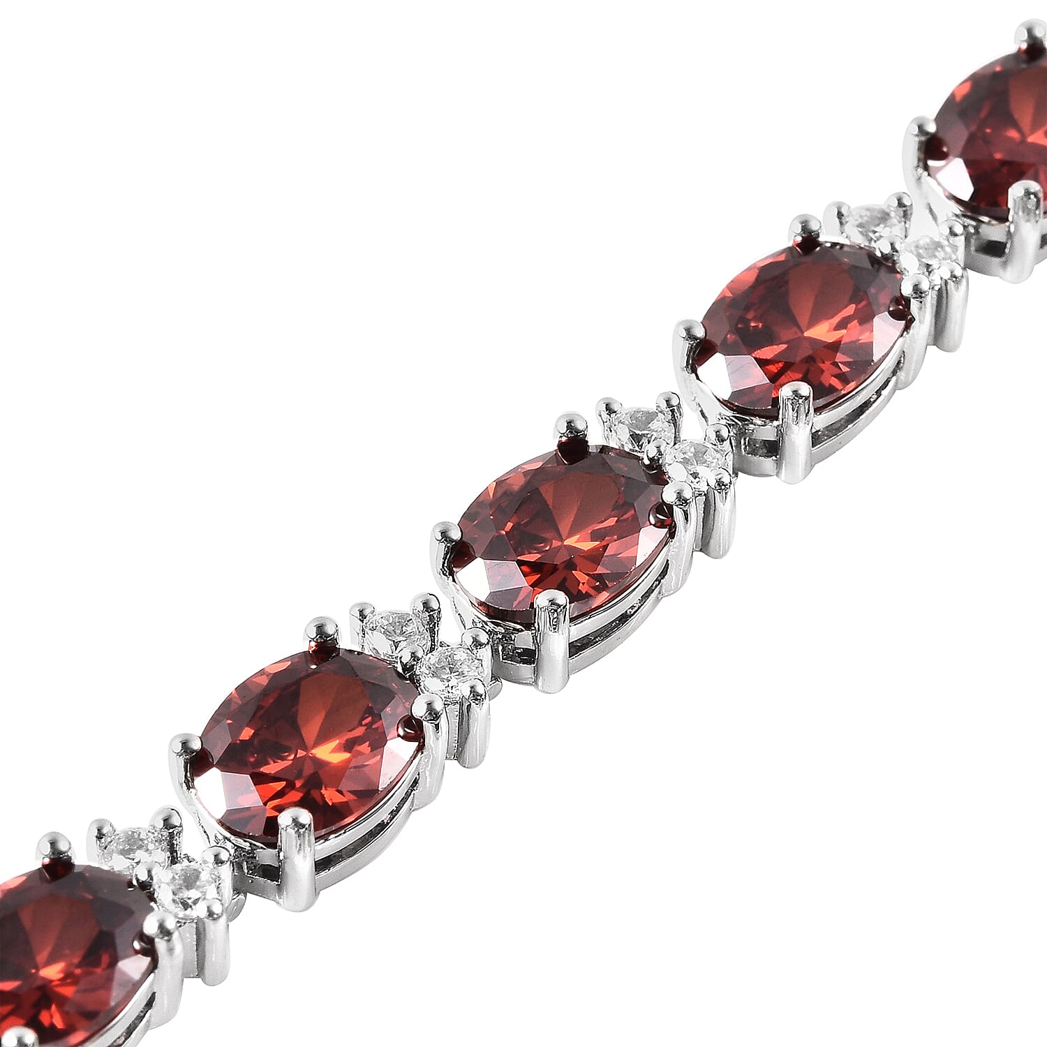 Simulated Red Garnet and Simulated Diamond Tennis Necklace (Size 16) in Silver Tone