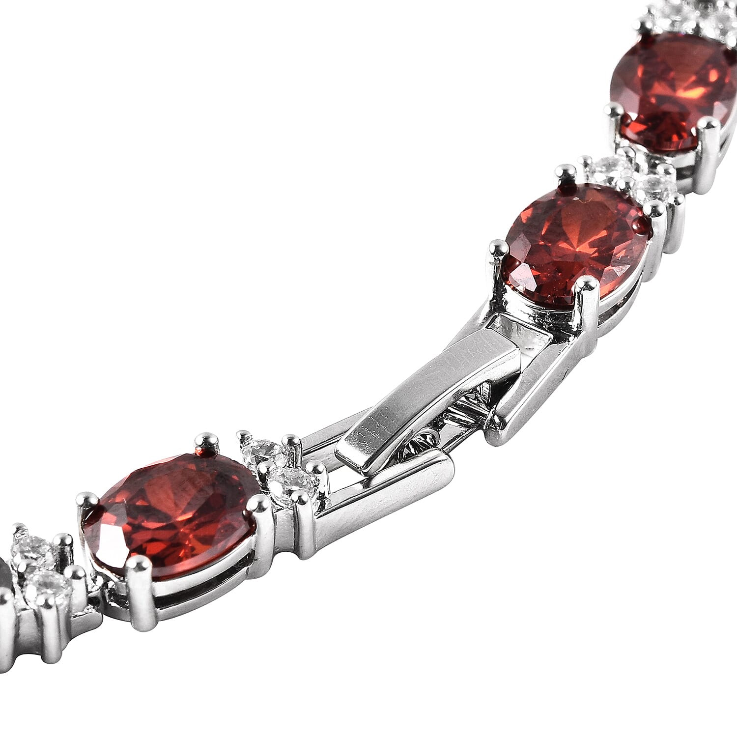 Simulated Red Garnet and Simulated Diamond Tennis Necklace (Size 16) in Silver Tone