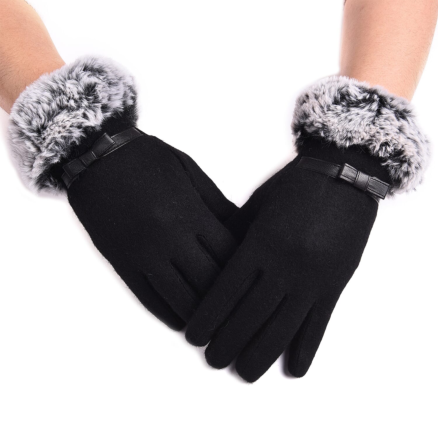 Solid Black Cashmere Gloves with Bowknot Detail and Grey Faux Fur Trim