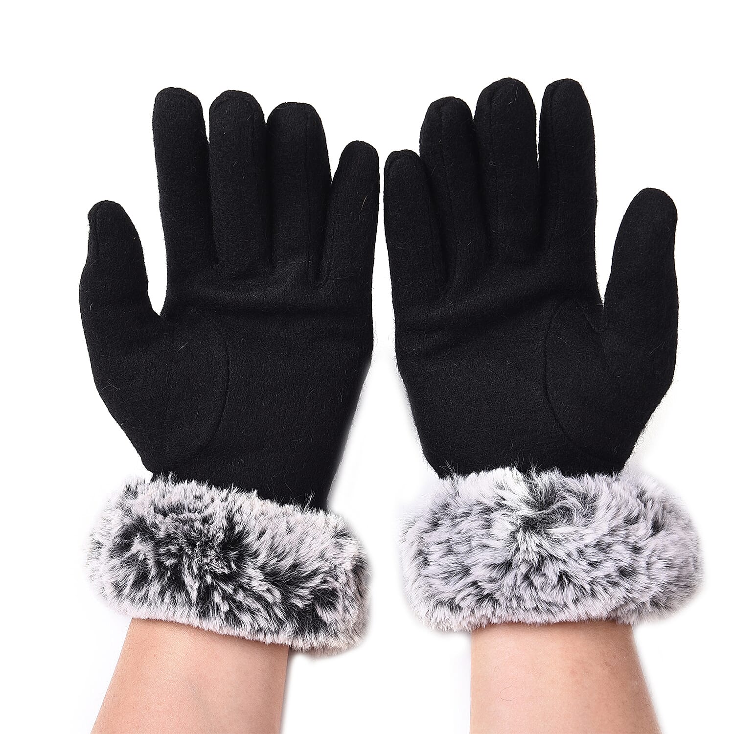 Solid Black Cashmere Gloves with Bowknot Detail and Grey Faux Fur Trim