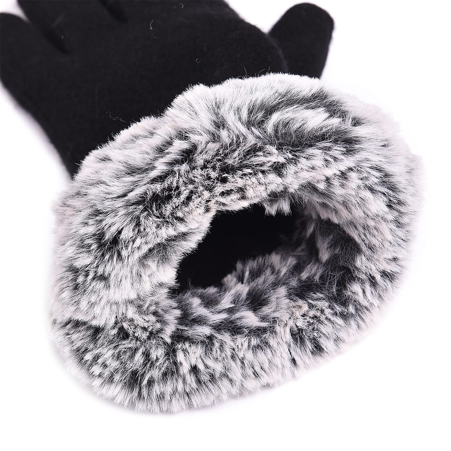 Solid Black Cashmere Gloves with Bowknot Detail and Grey Faux Fur Trim