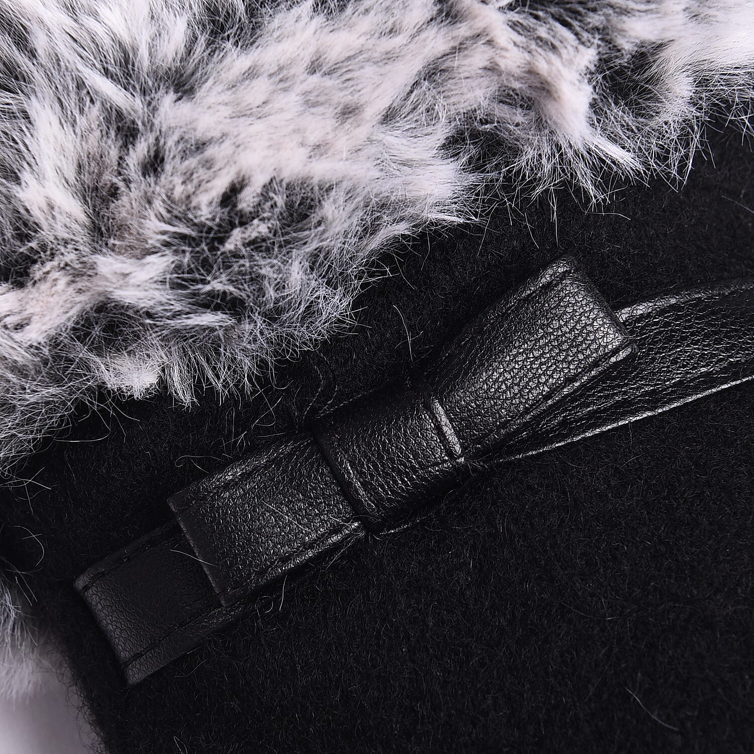 Solid Black Cashmere Gloves with Bowknot Detail and Grey Faux Fur Trim