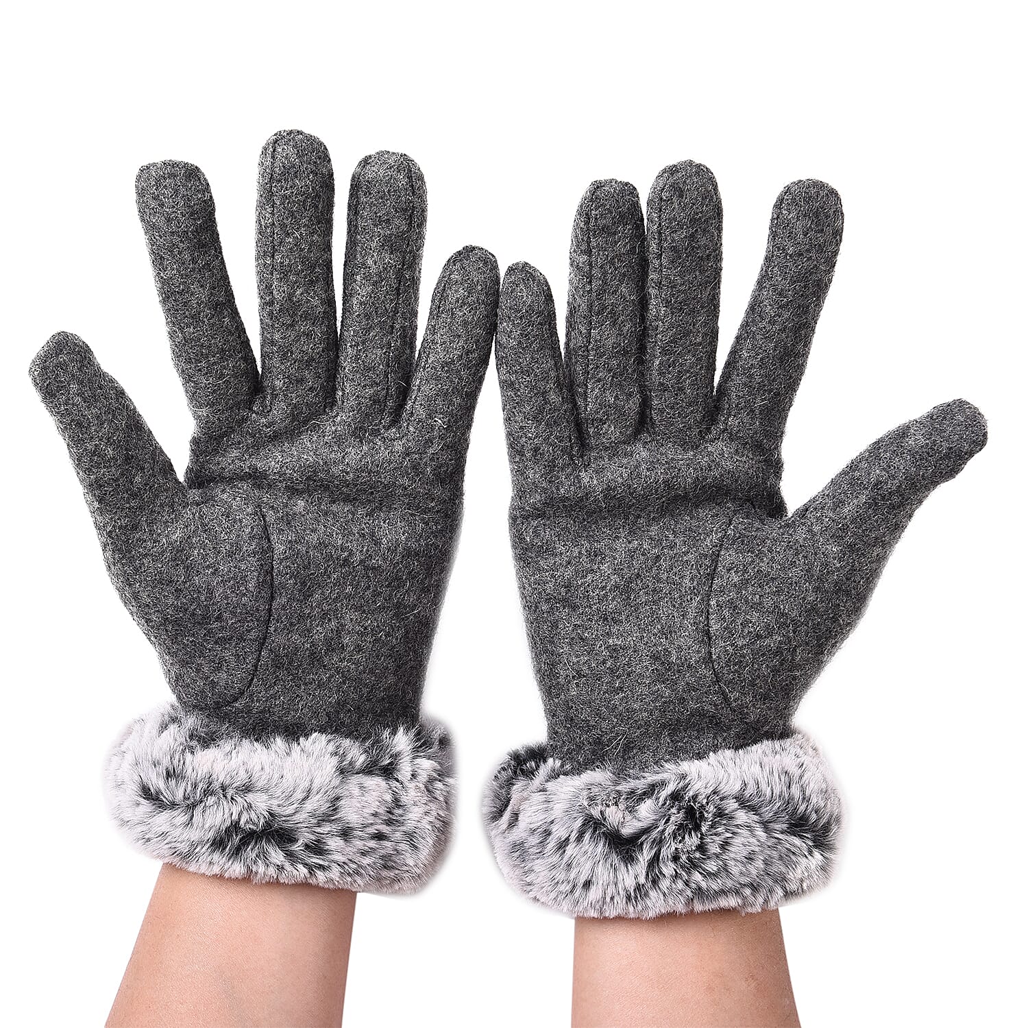 Solid Grey Cashmere Gloves with Bowknot Detail and Grey Faux Fur Trim