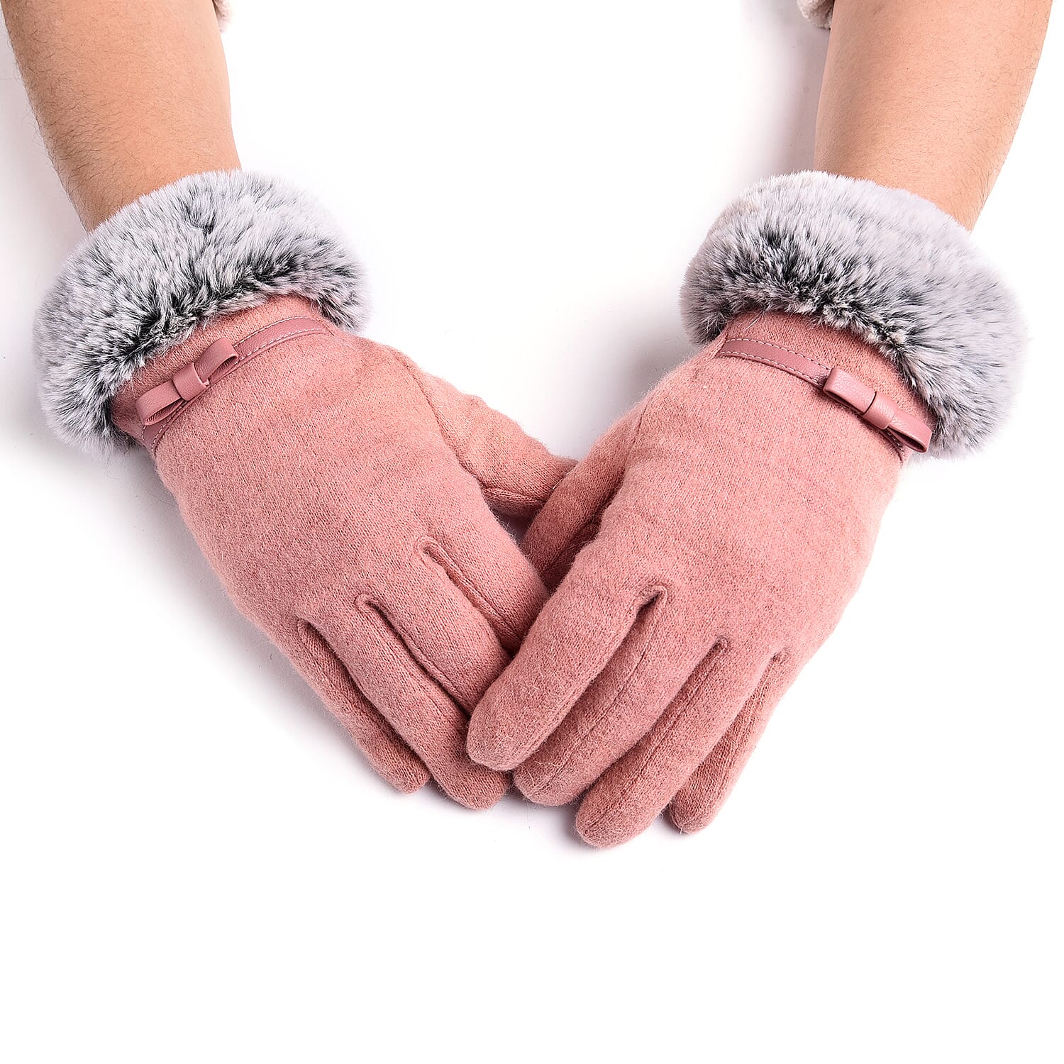 Solid Pink Cashmere Gloves with Bowknot Detail and Grey Faux Fur Trim