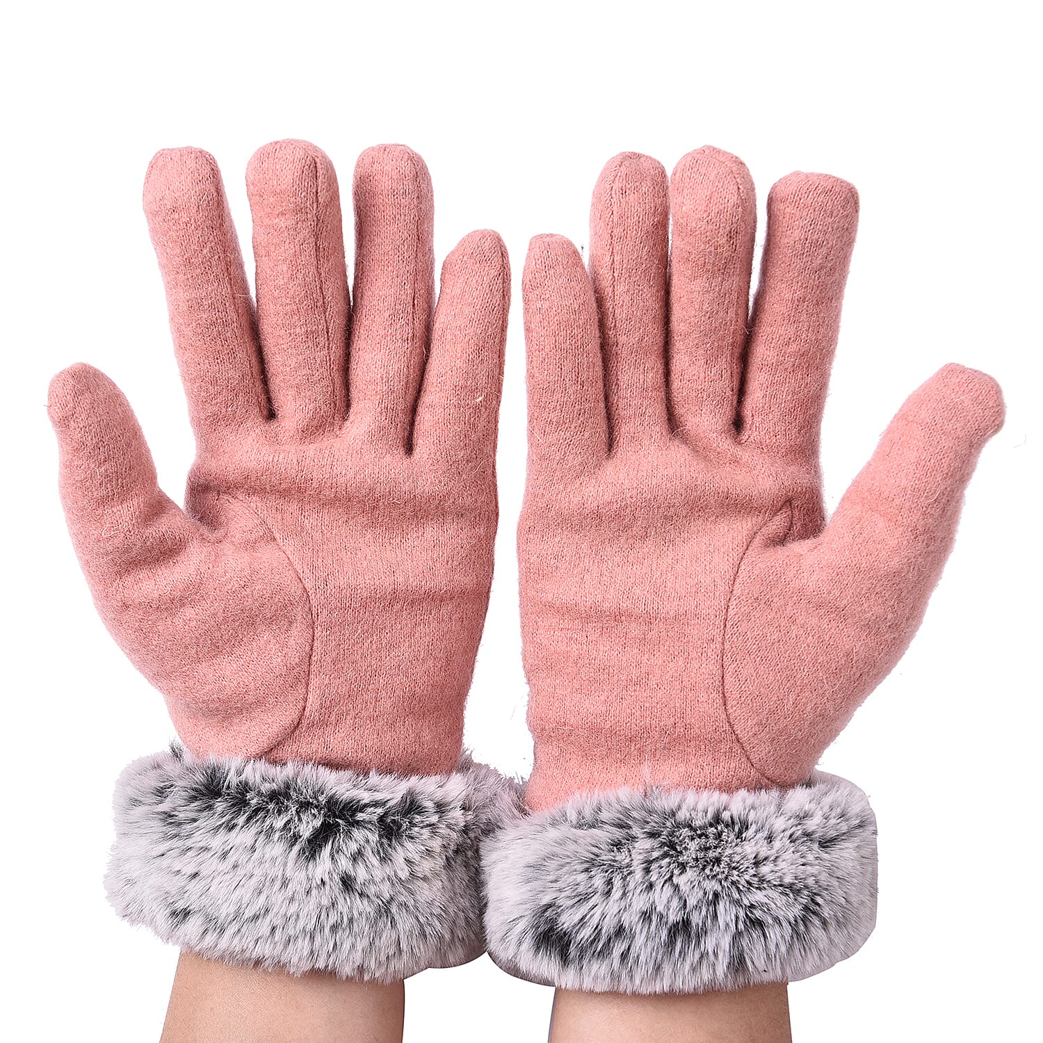 Solid Pink Cashmere Gloves with Bowknot Detail and Grey Faux Fur Trim