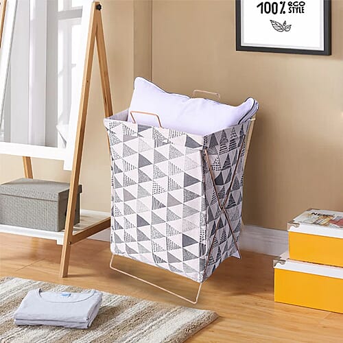 Triangular Pattern Grey and White Colour Folding Laundry Basket (48x26x25cm)