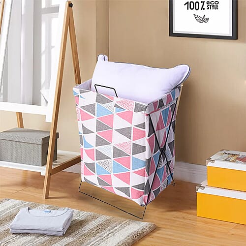 Triangular Pattern Pink and Multi Colour Folding Laundry Basket (48x36x25cm)