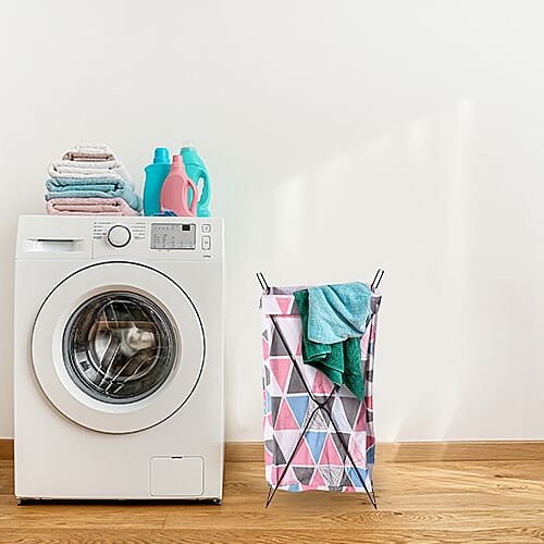 Triangular Pattern Pink and Multi Colour Folding Laundry Basket (48x36x25cm)