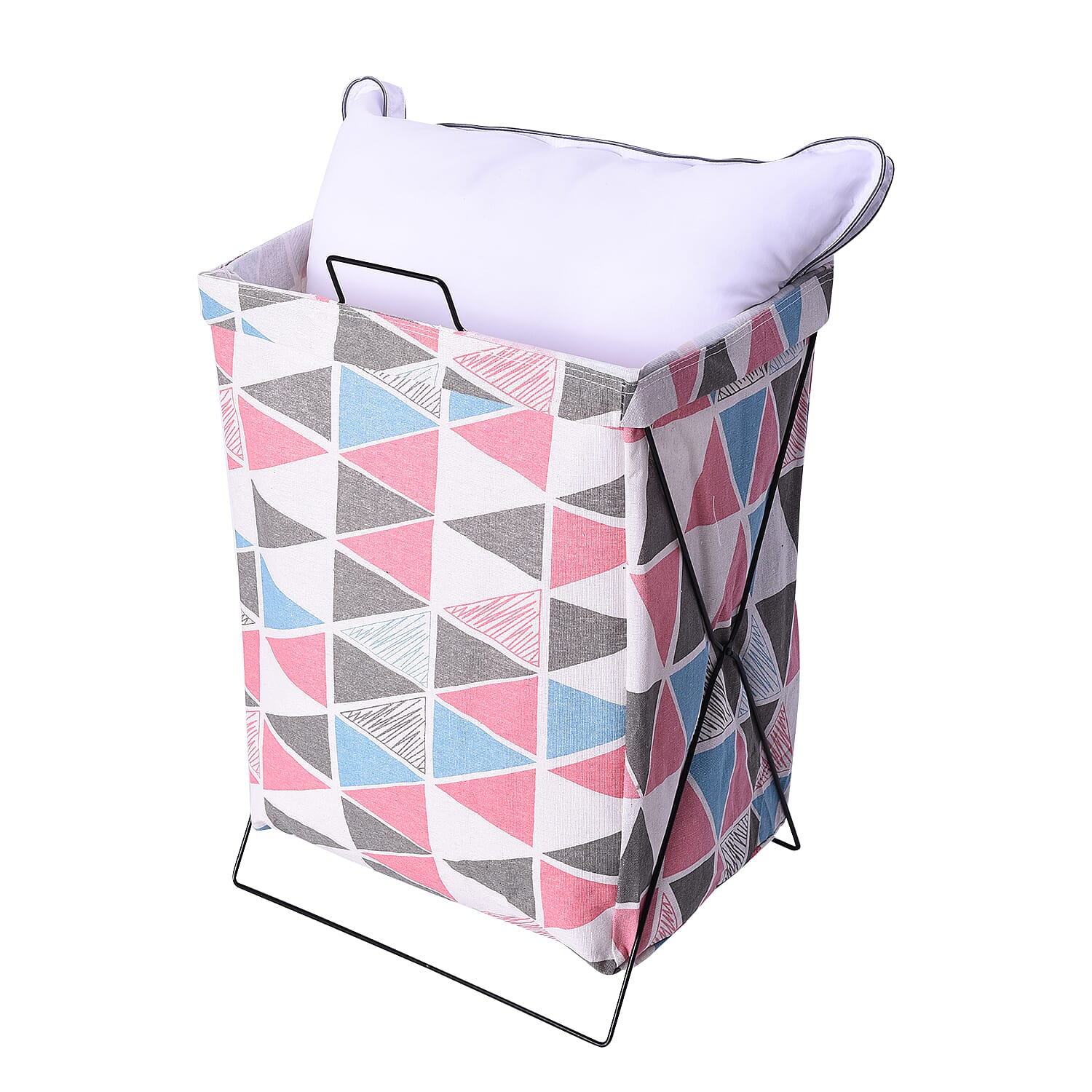 Triangular Pattern Pink and Multi Colour Folding Laundry Basket (48x36x25cm)