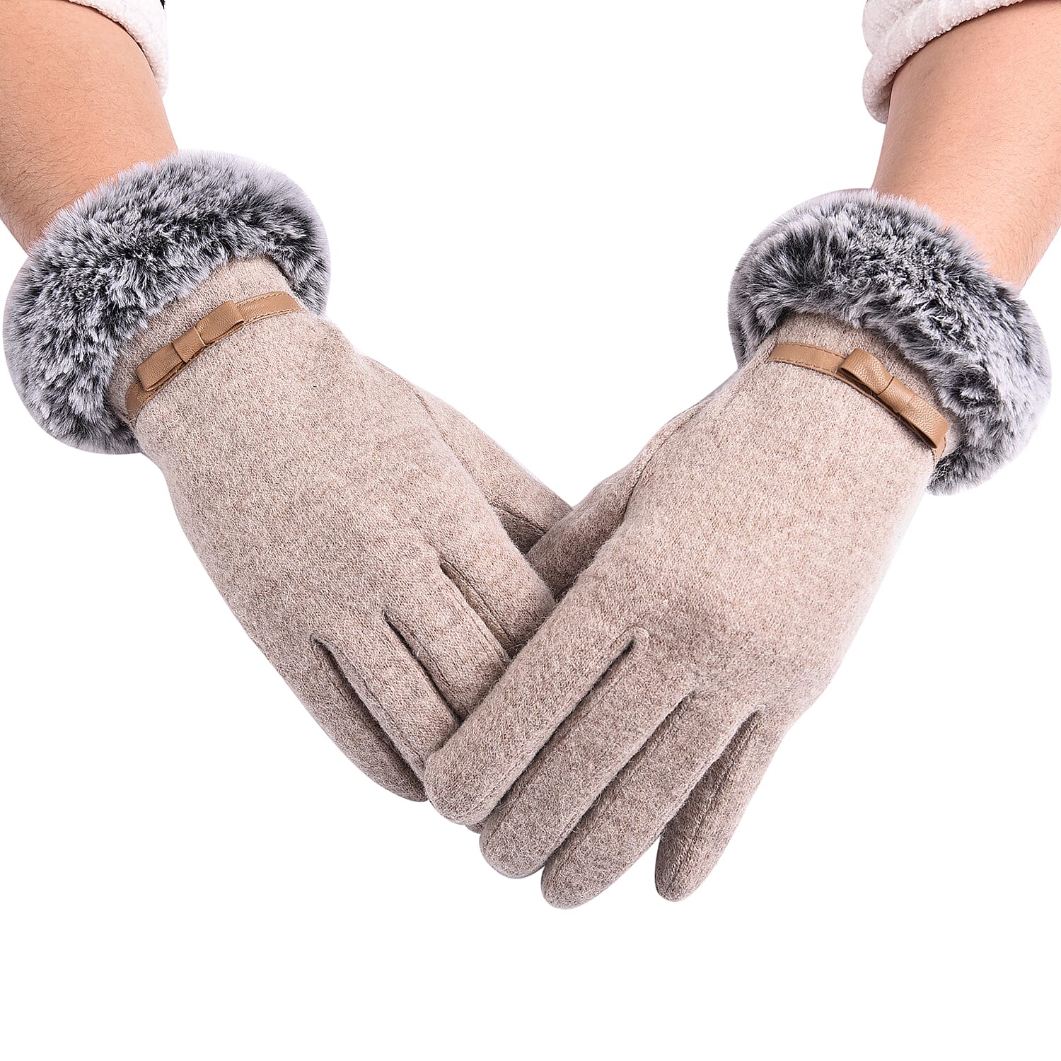 Solid Khaki Cashmere Gloves with Bowknot Detail and Grey Faux Fur Trim