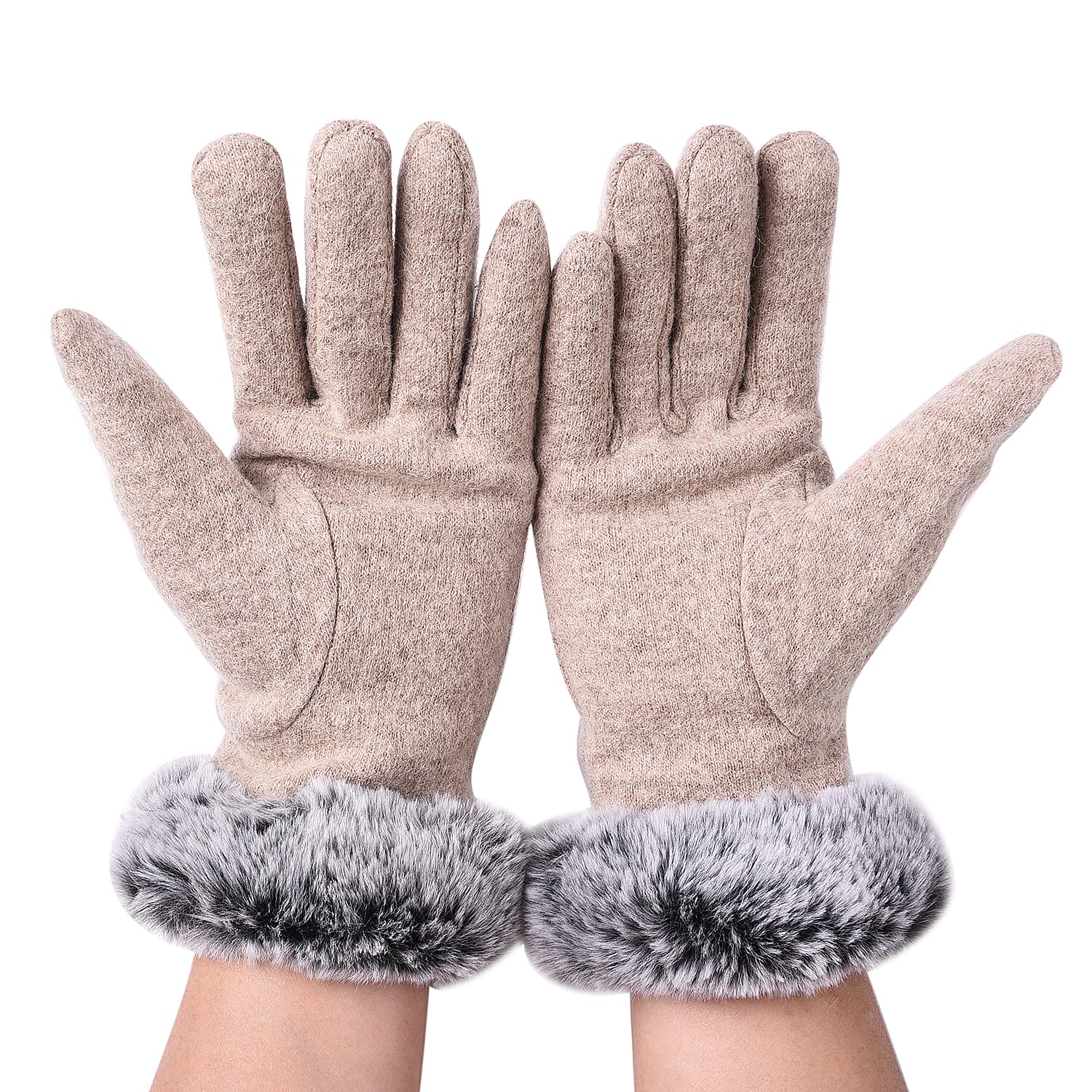 Solid Khaki Cashmere Gloves with Bowknot Detail and Grey Faux Fur Trim
