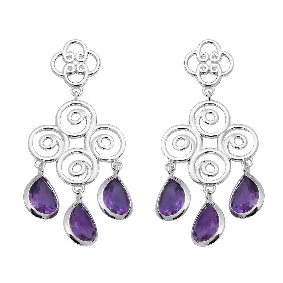 Lusaka Amethyst Dangle Earrings (with Push Back) in Rhodium Overlay Sterling Silver 5.94 Ct.