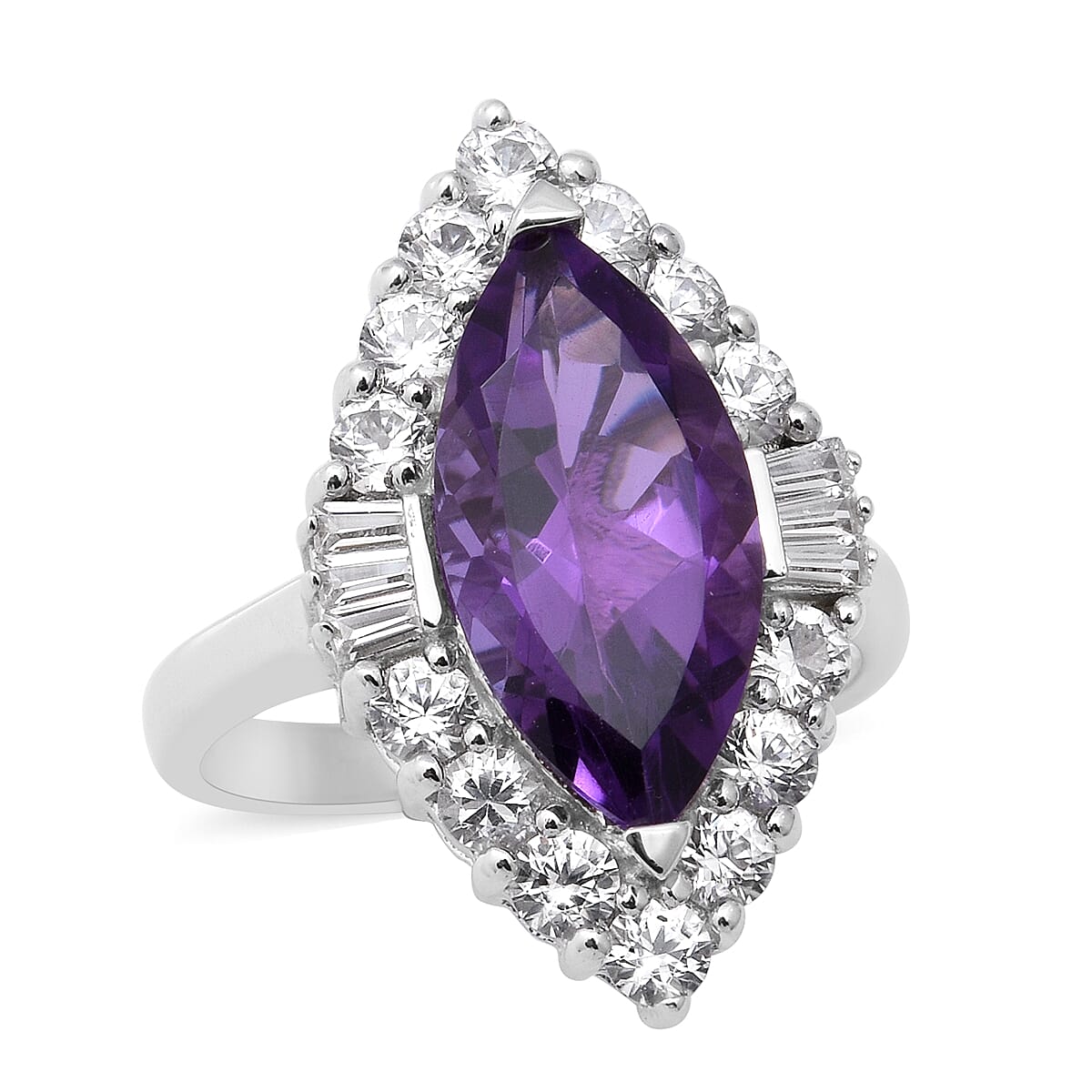 AA Lusaka Amethyst and Natural Cambodian Zircon Halo Ring in Rhodium Overlay Sterling Silver 7.91 Ct, Silver wt. 6.00 Gms
