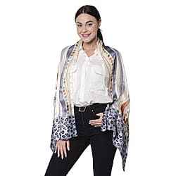 LA MAREY Mulberry Silk Orange Roses and Blue Leopard Print on Cream Scarf 