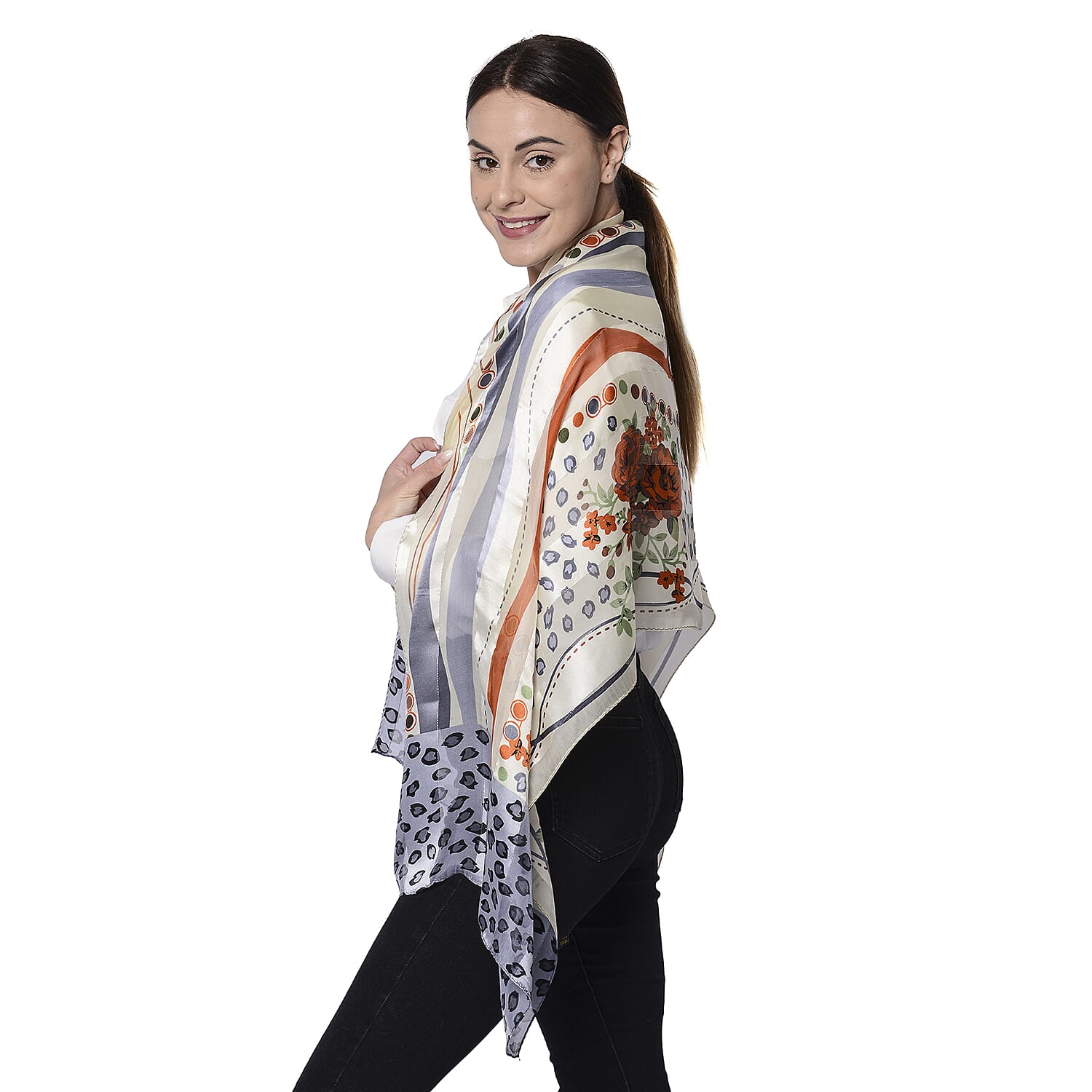 LA MAREY 100% Mulberry Silk Orange Roses and Blue Leopard Print on Cream Scarf (165x50cm)