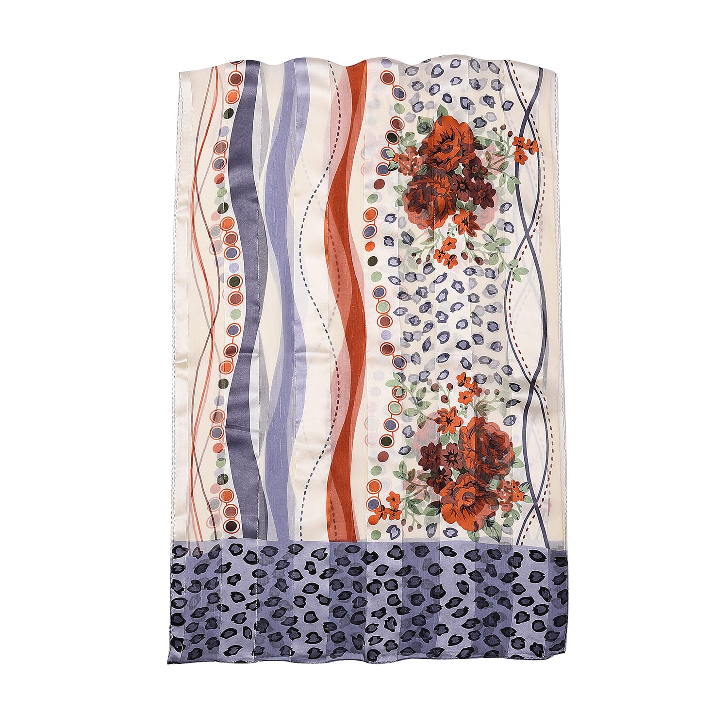 LA MAREY 100% Mulberry Silk Orange Roses and Blue Leopard Print on Cream Scarf (165x50cm)