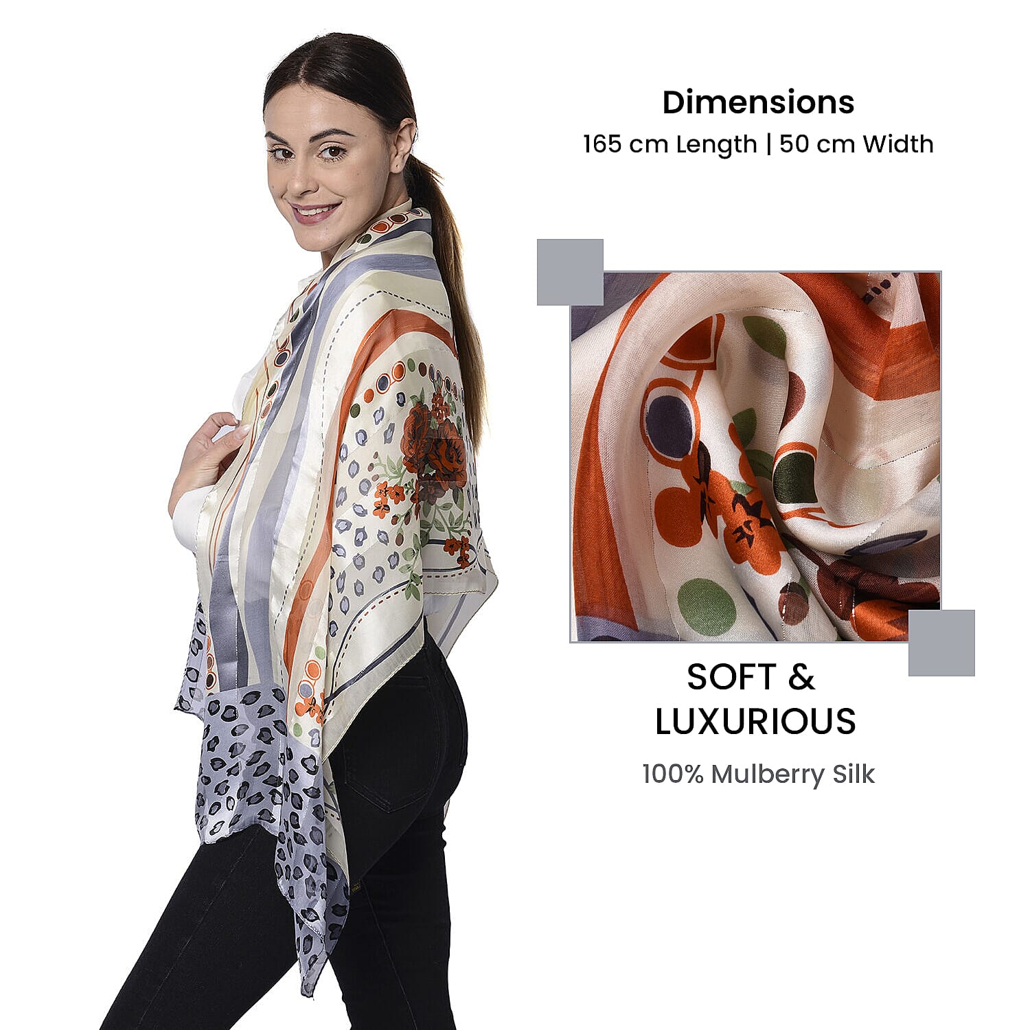 LA MAREY 100% Mulberry Silk Orange Roses and Blue Leopard Print on Cream Scarf (165x50cm)