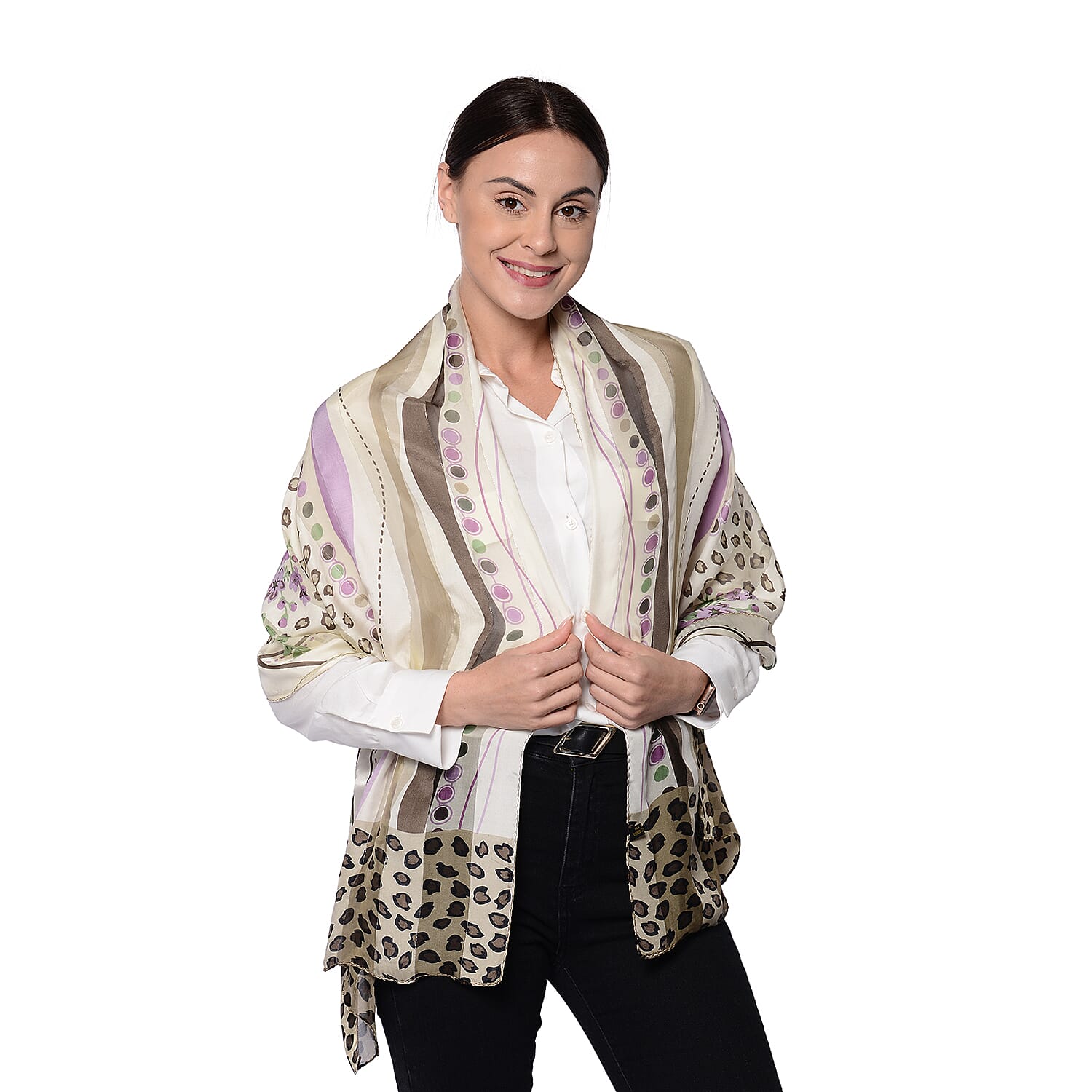 LA MAREY 100% Mulberry Silk Purple Flowers Print on Cream Scarf (165x50cm)