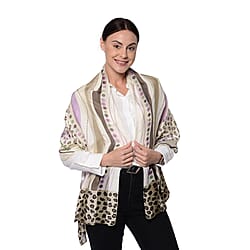 LA MAREY Mulberry Silk Purple Flowers Print on Cream Scarf 