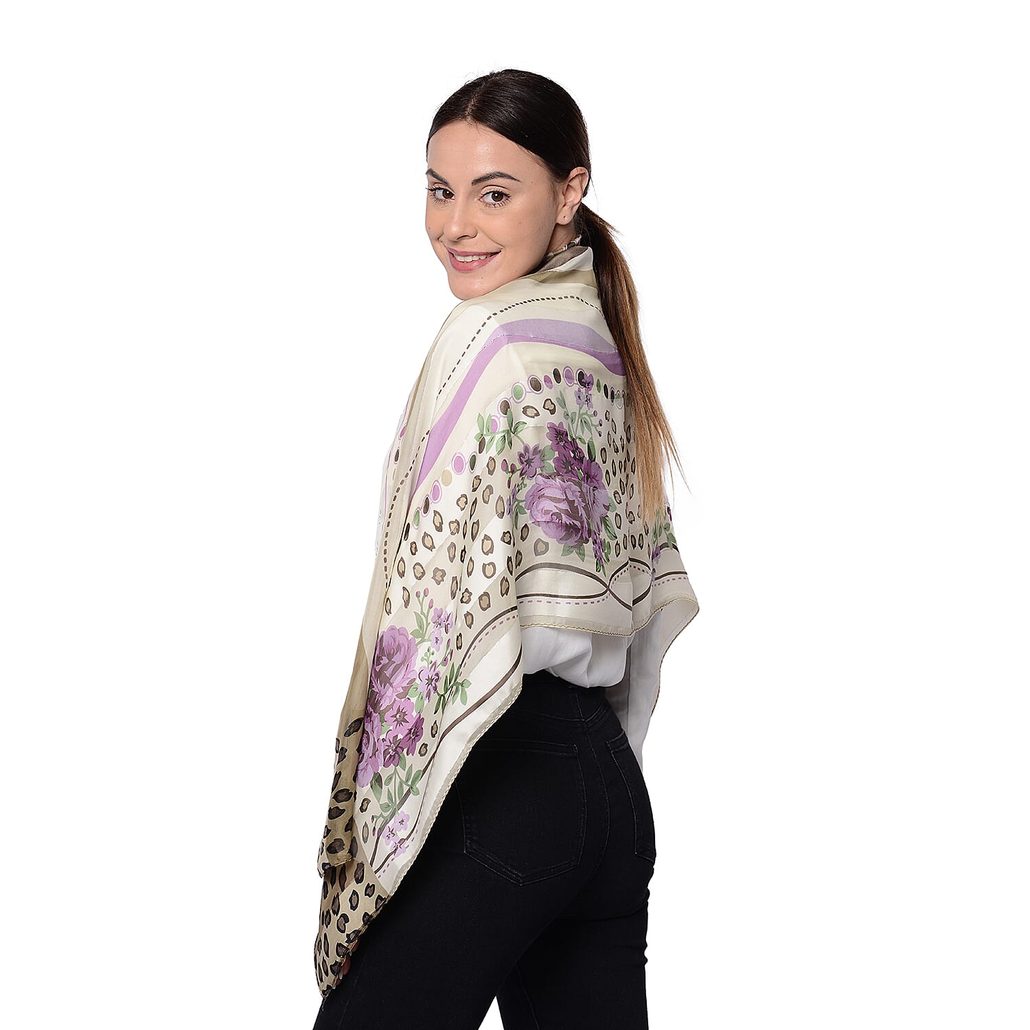 LA MAREY 100% Mulberry Silk Purple Flowers Print on Cream Scarf (165x50cm)