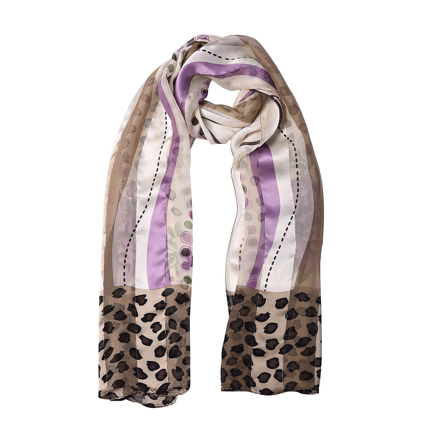 LA MAREY 100% Mulberry Silk Purple Flowers Print on Cream Scarf (165x50cm)