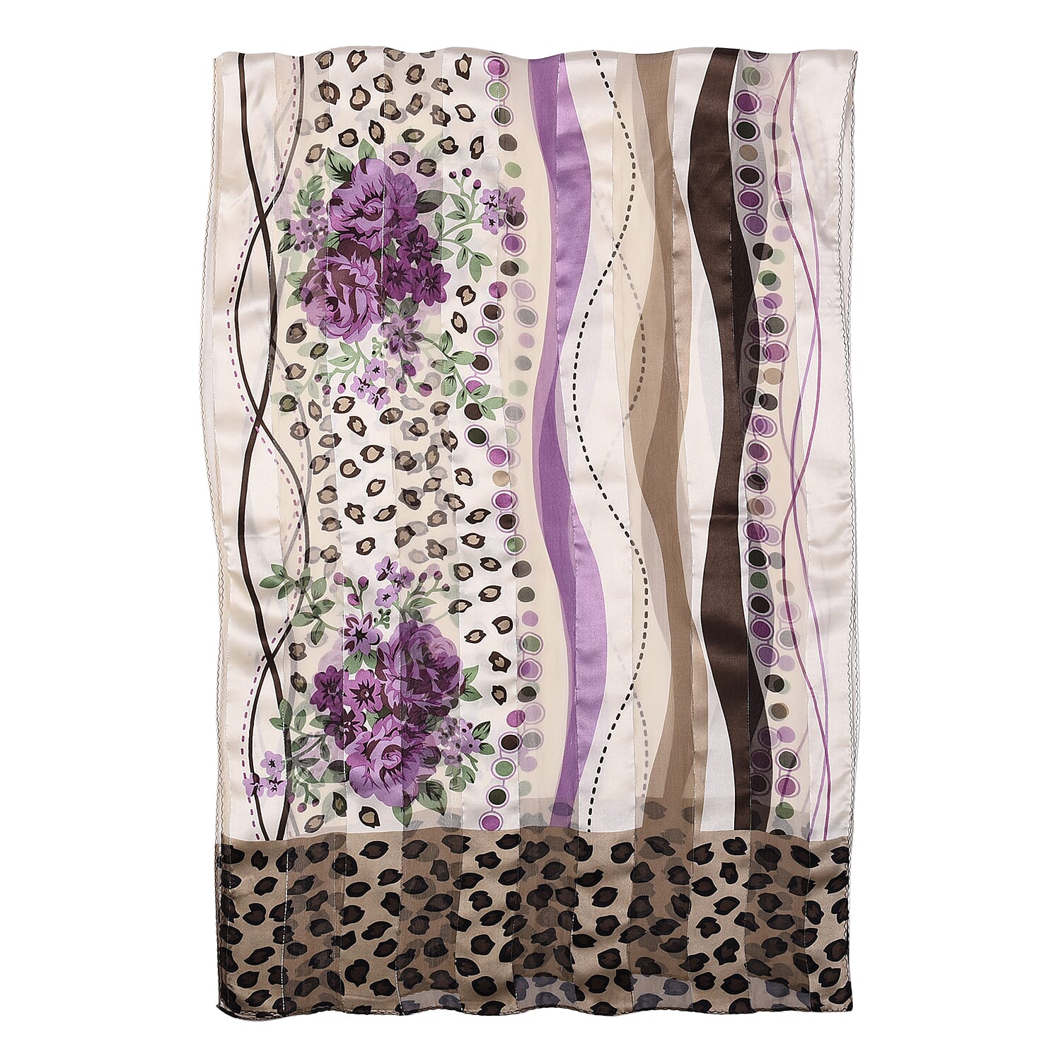 LA MAREY 100% Mulberry Silk Purple Flowers Print on Cream Scarf (165x50cm)