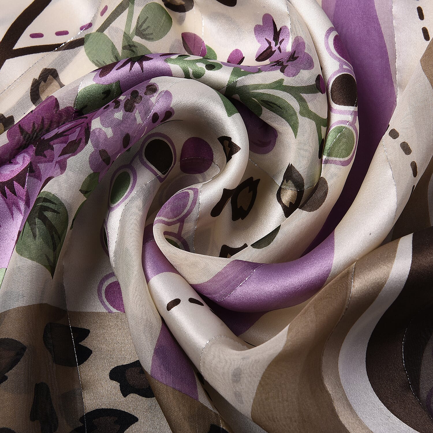 LA MAREY 100% Mulberry Silk Purple Flowers Print on Cream Scarf (165x50cm)
